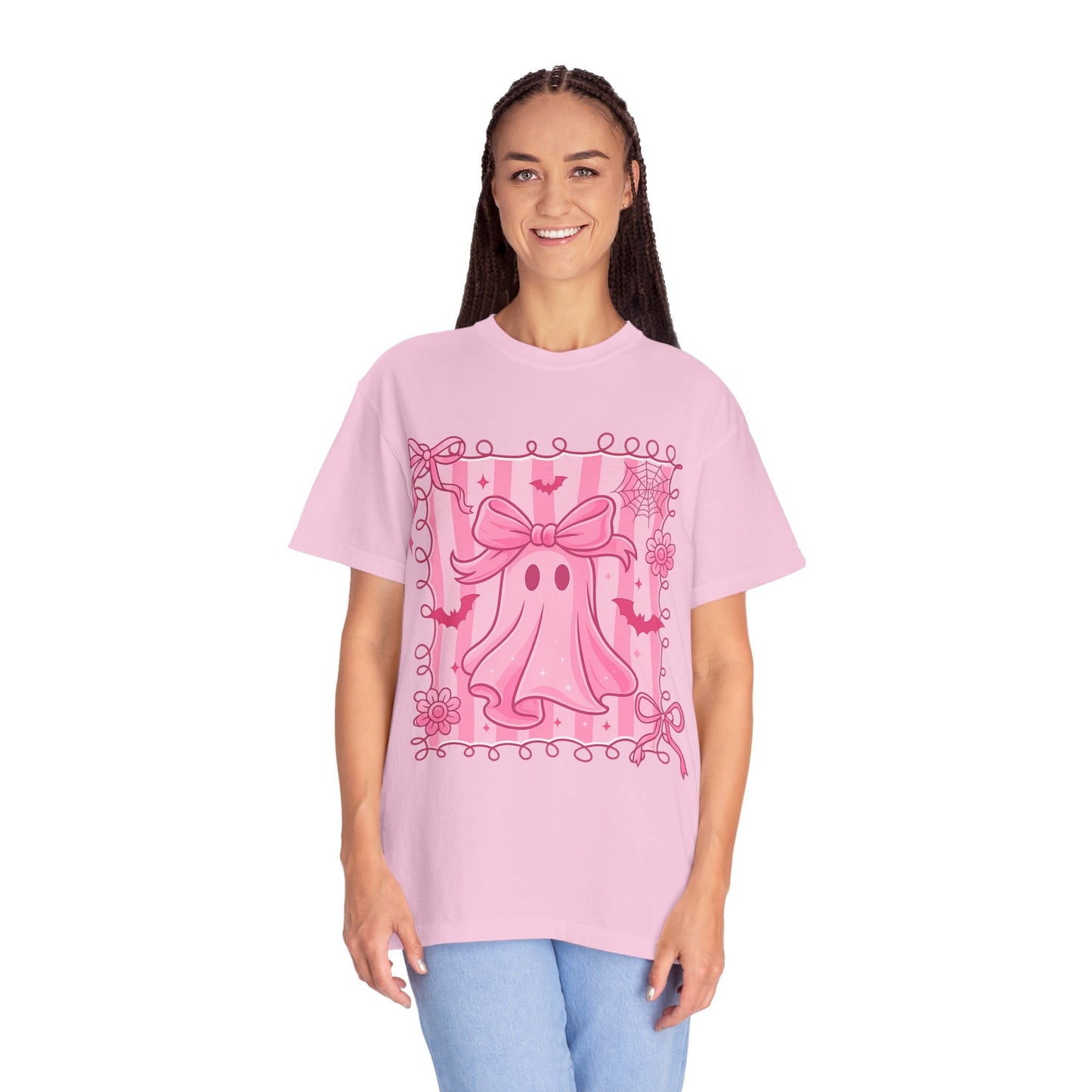 Cute Pink Ghost Graphic T-Shirt, Pink Halloween Tee, Unisex Garment-Dyed Top, Spooky Style for Fall, Trick or Treat Fashion