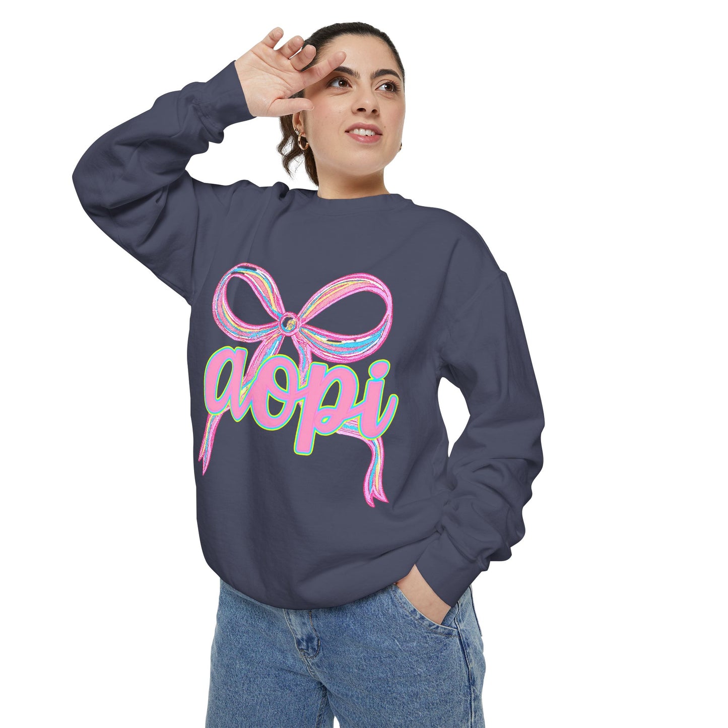 Pastel Bow Sweatshirt with aopi Design, Cozy Unisex Sweatshirt, Gift for Sorority Sisters, Casual Chic Apparel, Best Friend Outfit