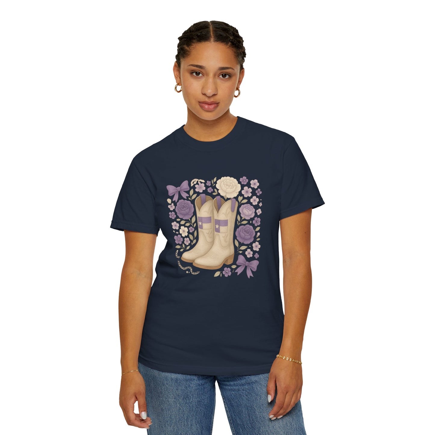 Whimsical Floral Boots Unisex T-Shirt | Casual Style, Gift for Her, Texas Christian University, TCU Frogs, Comfort Colors, Texas Fan gift, Graduation Gift