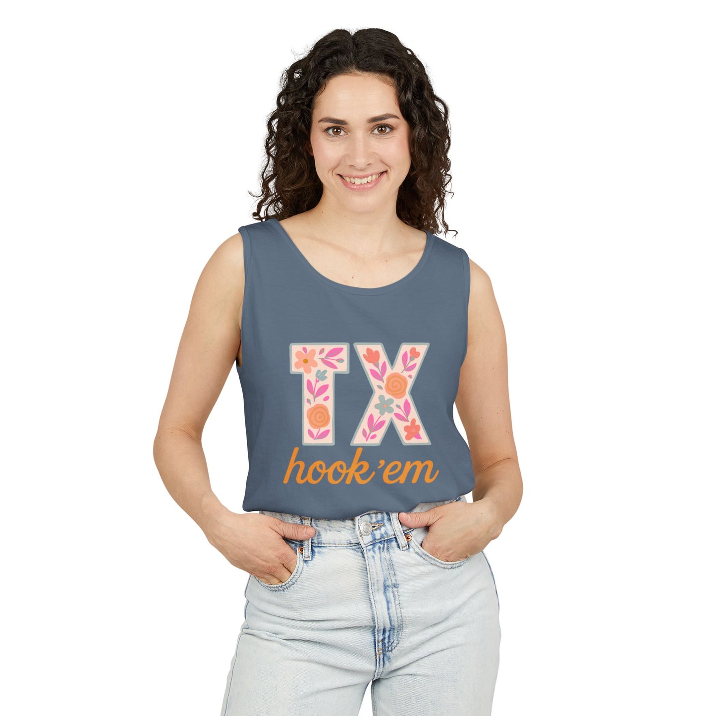 Texas Floral Hook 'Em Unisex Tank Top, Summer Vibe, Casual Wear, College Gear, Gift for Graduates, Texas Pride Apparel, Comfort Colors, Graduation Gift