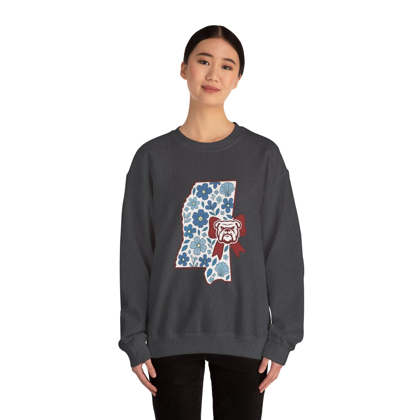Mississippi Flower Bulldog Crewneck Sweatshirt, Cozy Sweatshirt for Fall, Gift for Dog Lovers, College Apparel, Casual Fashion