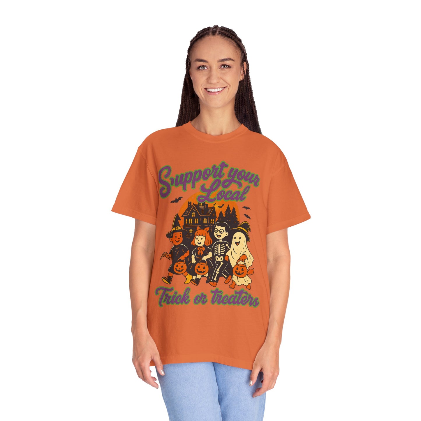 Halloween Support T-Shirt, Youth Trick or Treat Shirt, Garment-Dyed Tee for Kids, Spooky Season Apparel, Holiday Party Top, Fun Costume Wear