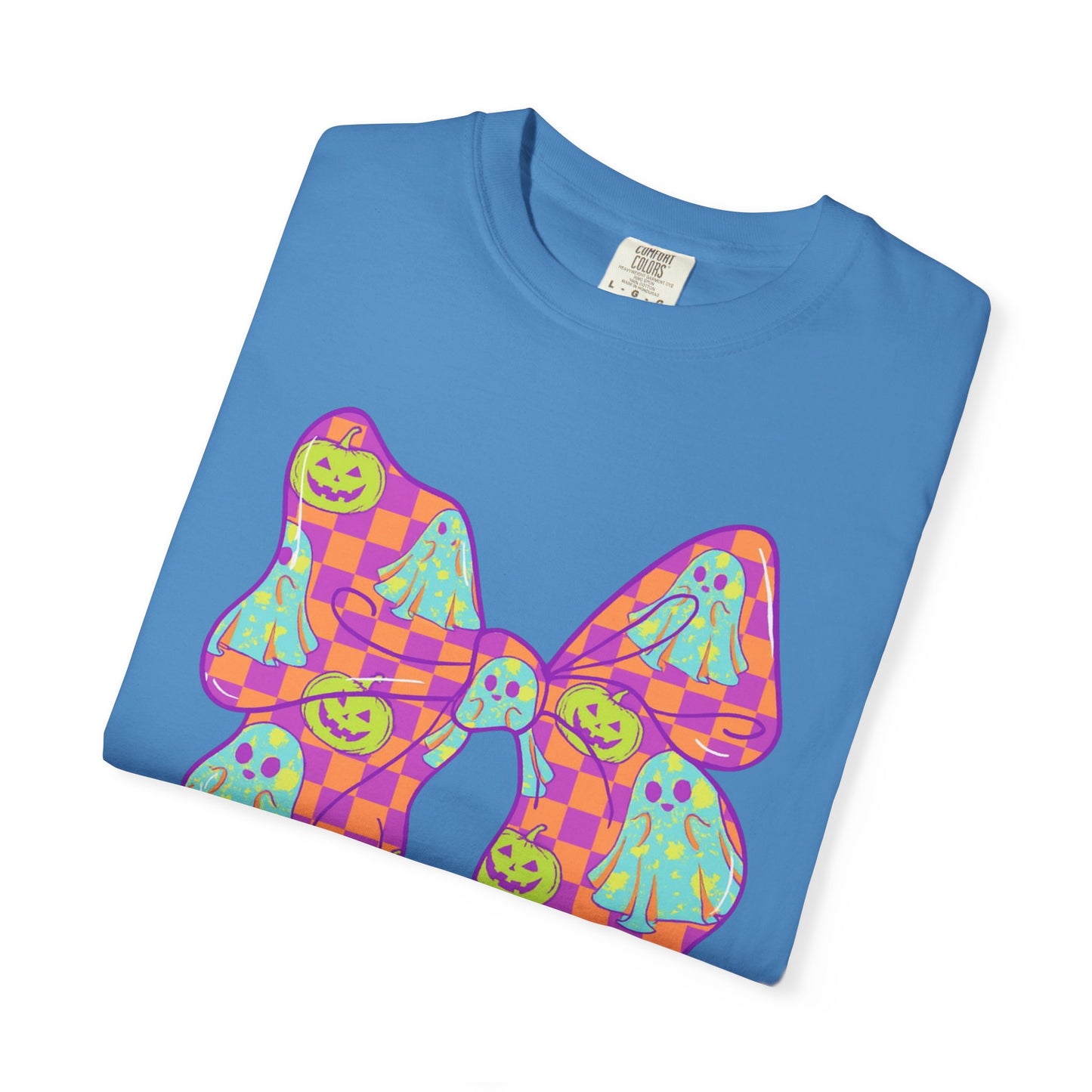 Neon Checkered Ghost Bow T-Shirt - Fun Lovers Halloween Unisex Tee