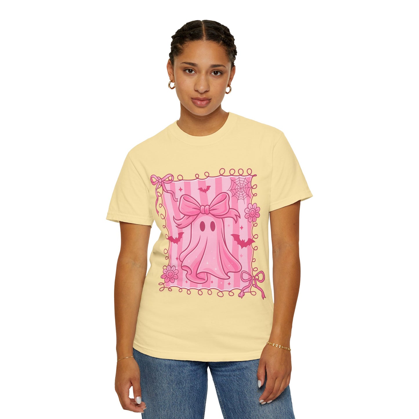Cute Pink Ghost Graphic T-Shirt, Pink Halloween Tee, Unisex Garment-Dyed Top, Spooky Style for Fall, Trick or Treat Fashion