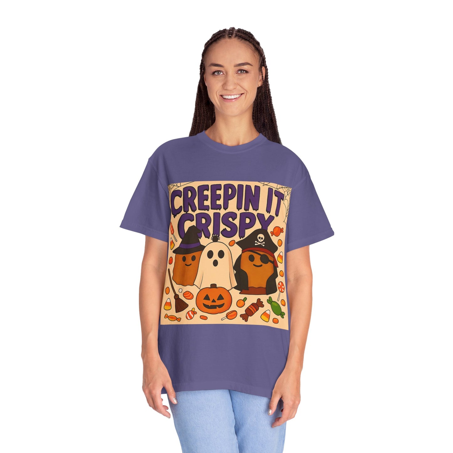 Halloween Themed T-Shirt, Creepin It Crispy T-Shirt, Unisex Shirt for Fall, Cute Halloween Tee, Festive Ghost & Candy Design