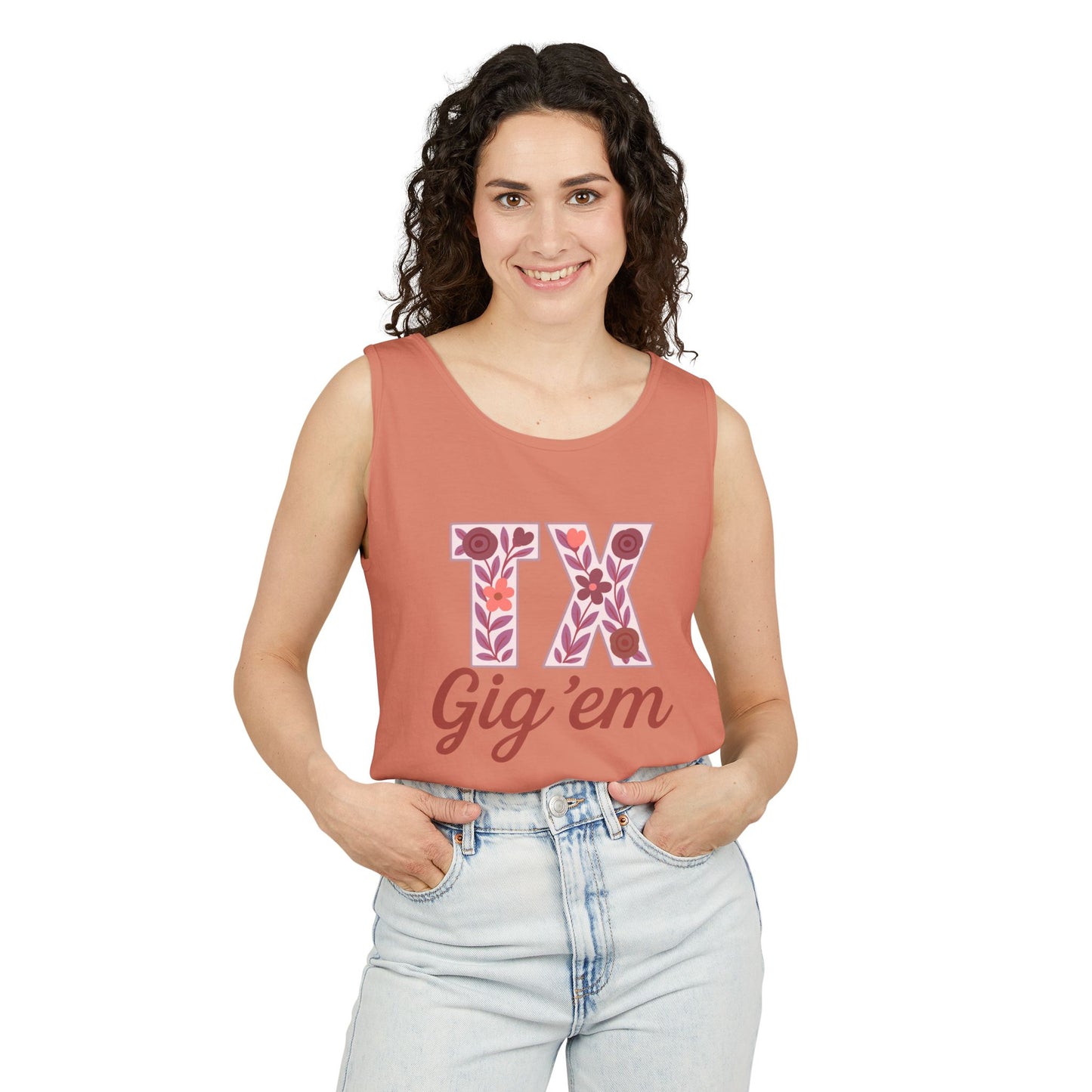 Texas Gig 'Em Tank Top, Unisex Summer Apparel, Cute Floral Design, Perfect for College Fans, Gifts, Comfort Colors, Graduation Gift