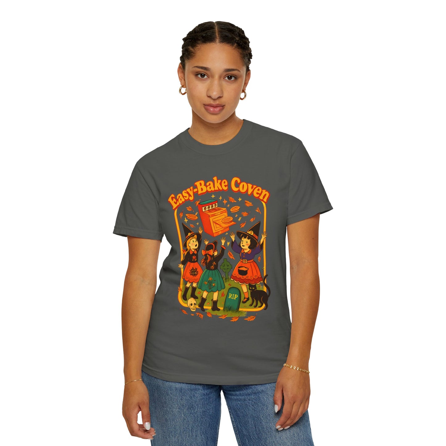 Halloween Witch T-Shirt, Unisex Garment-Dyed Shirt, Easy-Bake Coven Tee, Spooky Season Apparel, Cute Witch Design