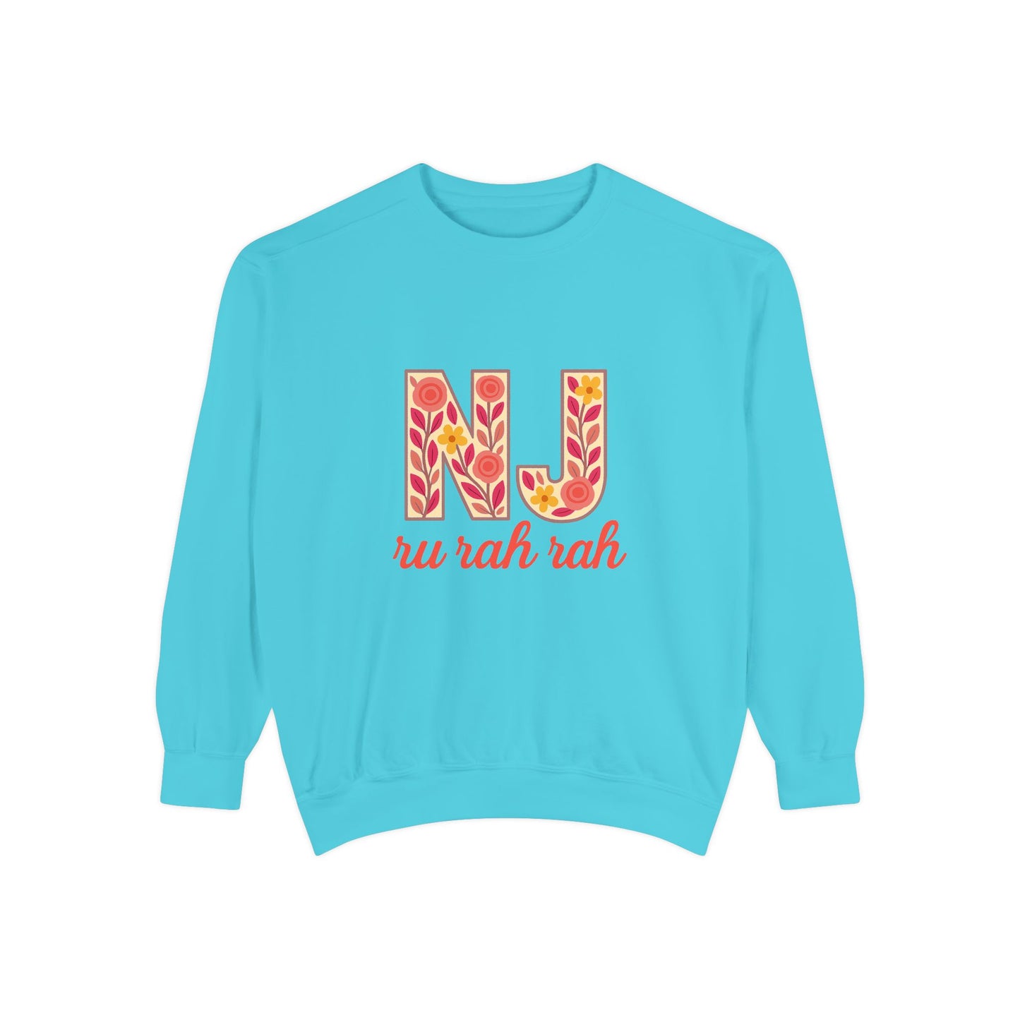 Cheerful NJ Garment-Dyed Sweatshirt, Cozy Unisex Pullover for School Spirit, Fall Fashion, Gift for College Students, Relaxed Fit