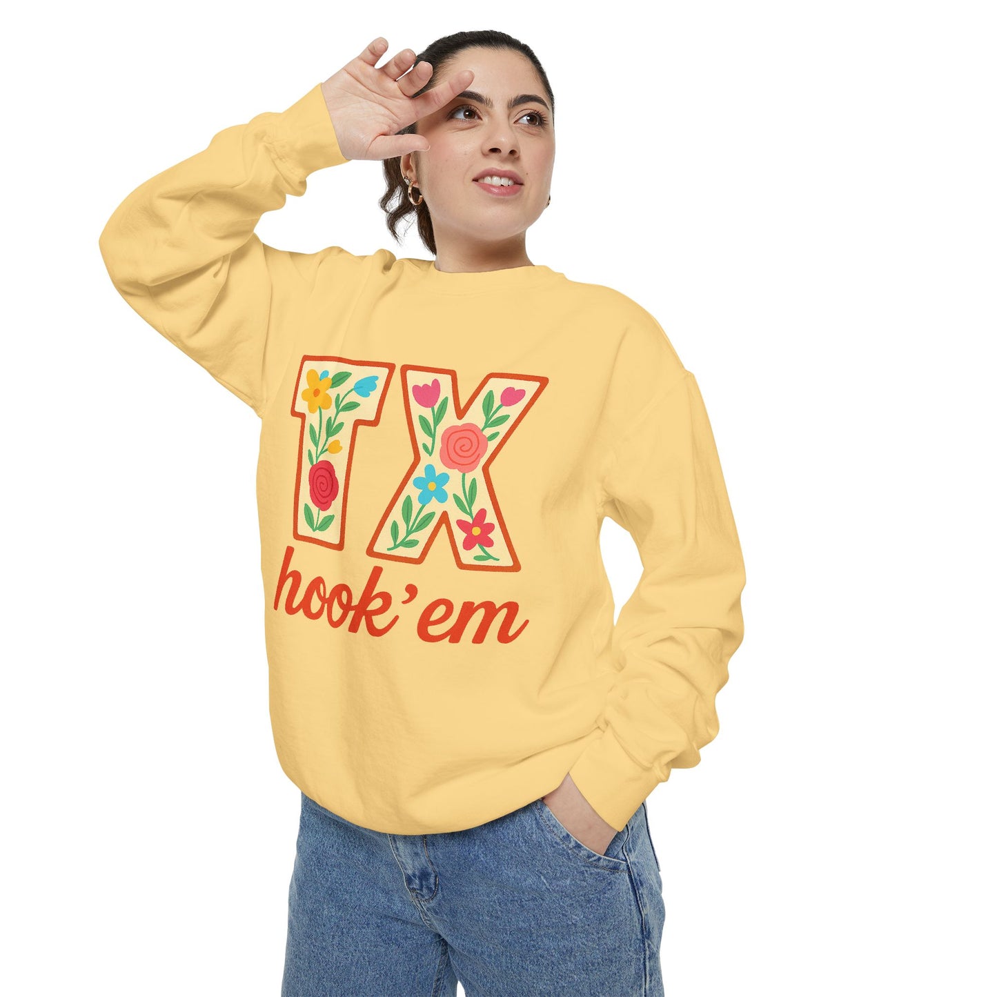 Texas Floral Sweatshirt, Unisex Garment-Dyed Sweatshirt, Cozy Casual Wear, Perfect for Game Day, Floral TX Hook 'Em Design, Stylish [...]