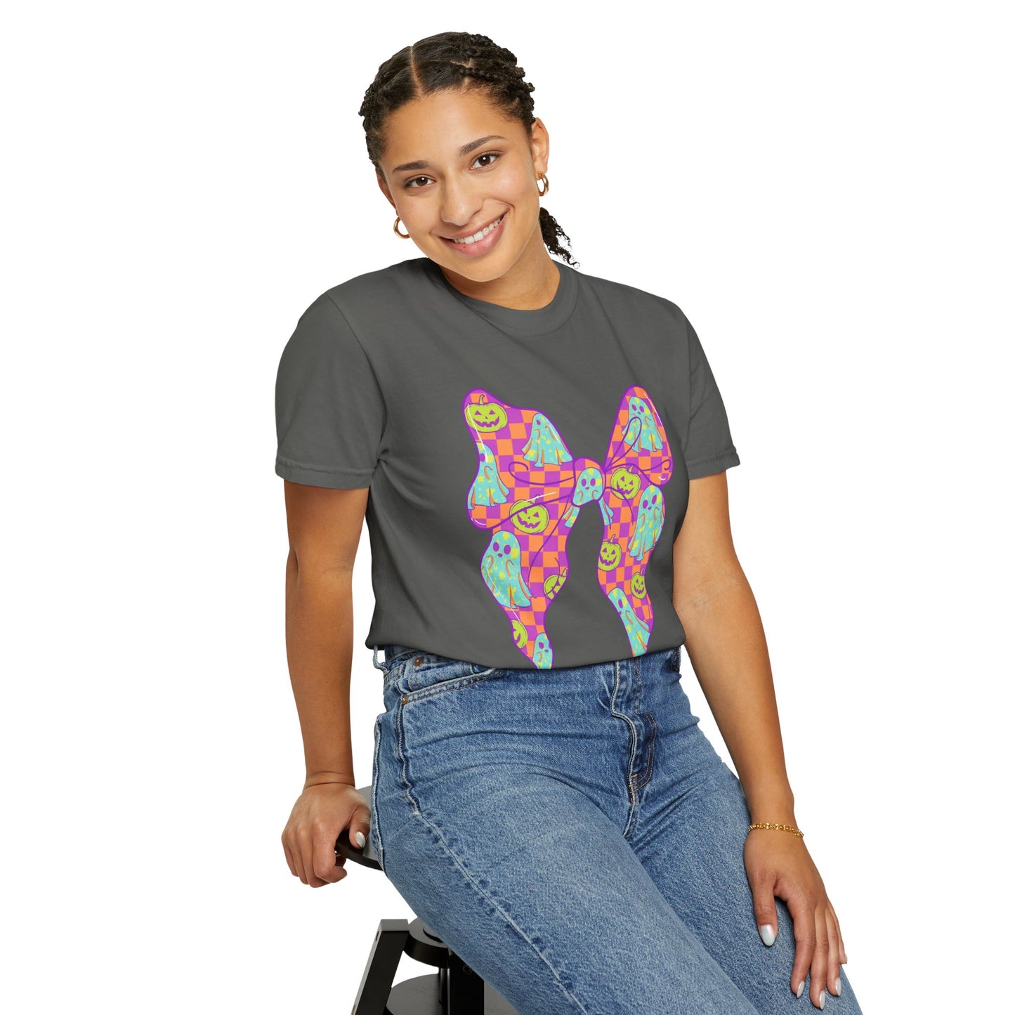 Neon Checkered Ghost Bow T-Shirt - Fun Lovers Halloween Unisex Tee