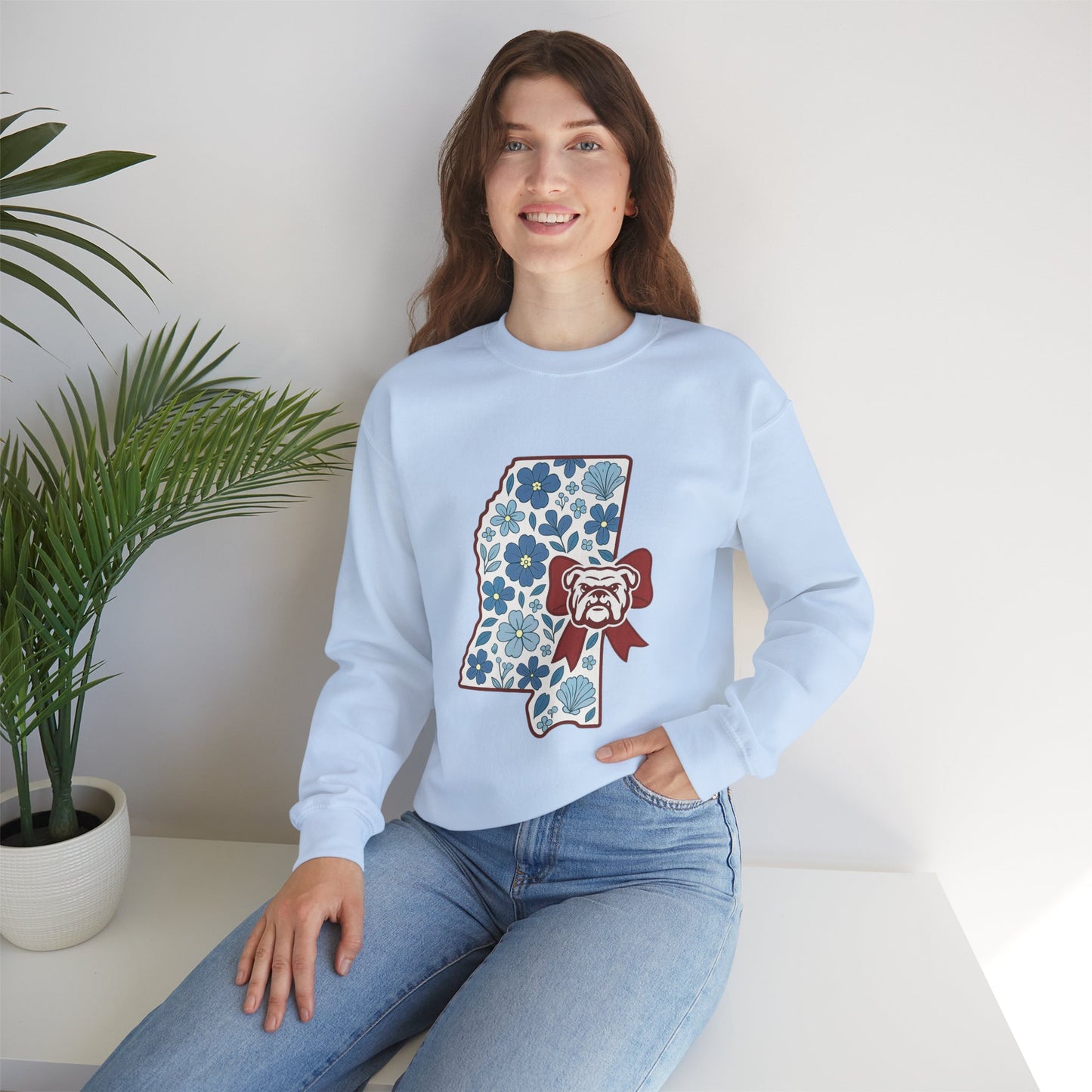 Mississippi Flower Bulldog Crewneck Sweatshirt, Cozy Sweatshirt for Fall, Gift for Dog Lovers, College Apparel, Casual Fashion