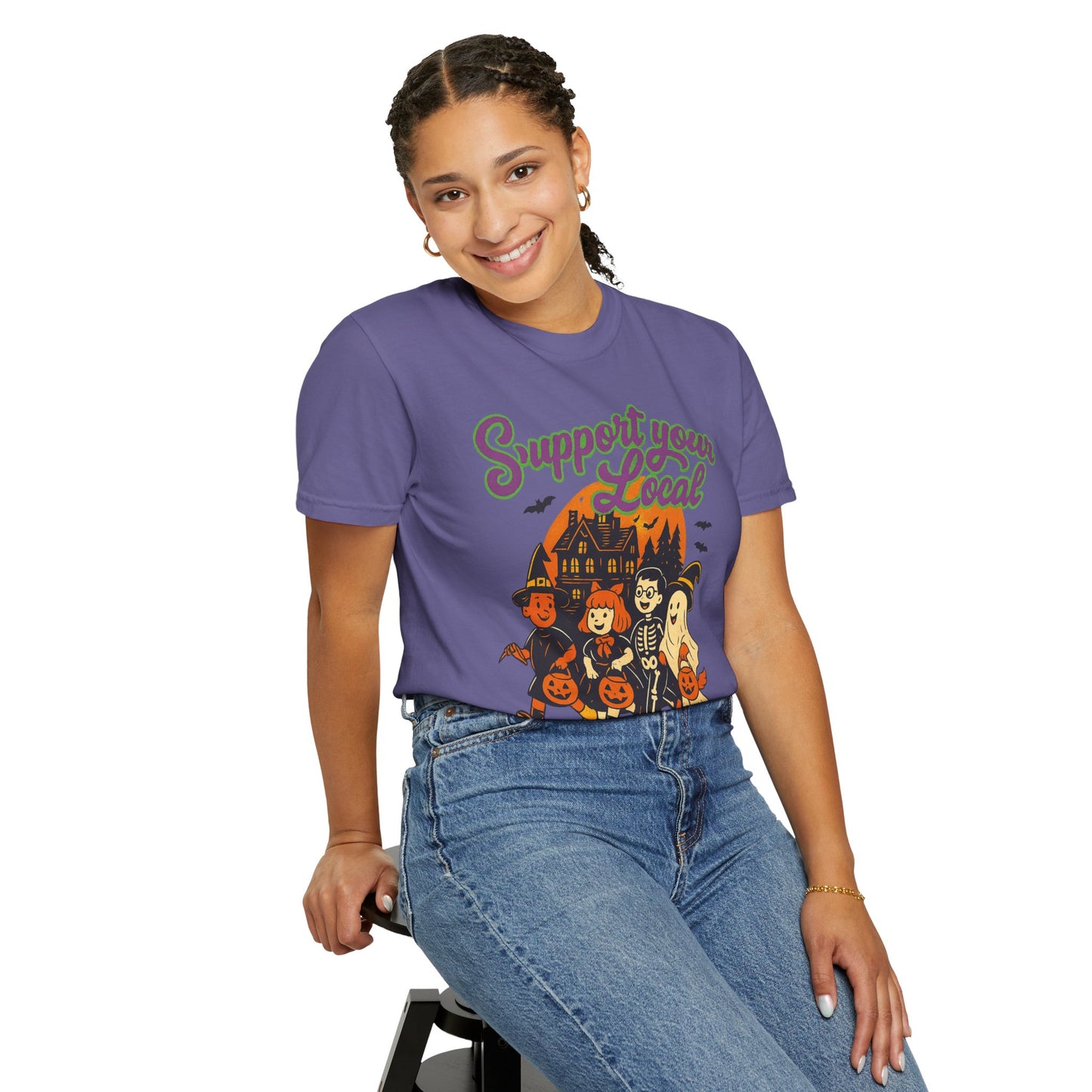 Halloween Support T-Shirt, Youth Trick or Treat Shirt, Garment-Dyed Tee for Kids, Spooky Season Apparel, Holiday Party Top, Fun Costume Wear