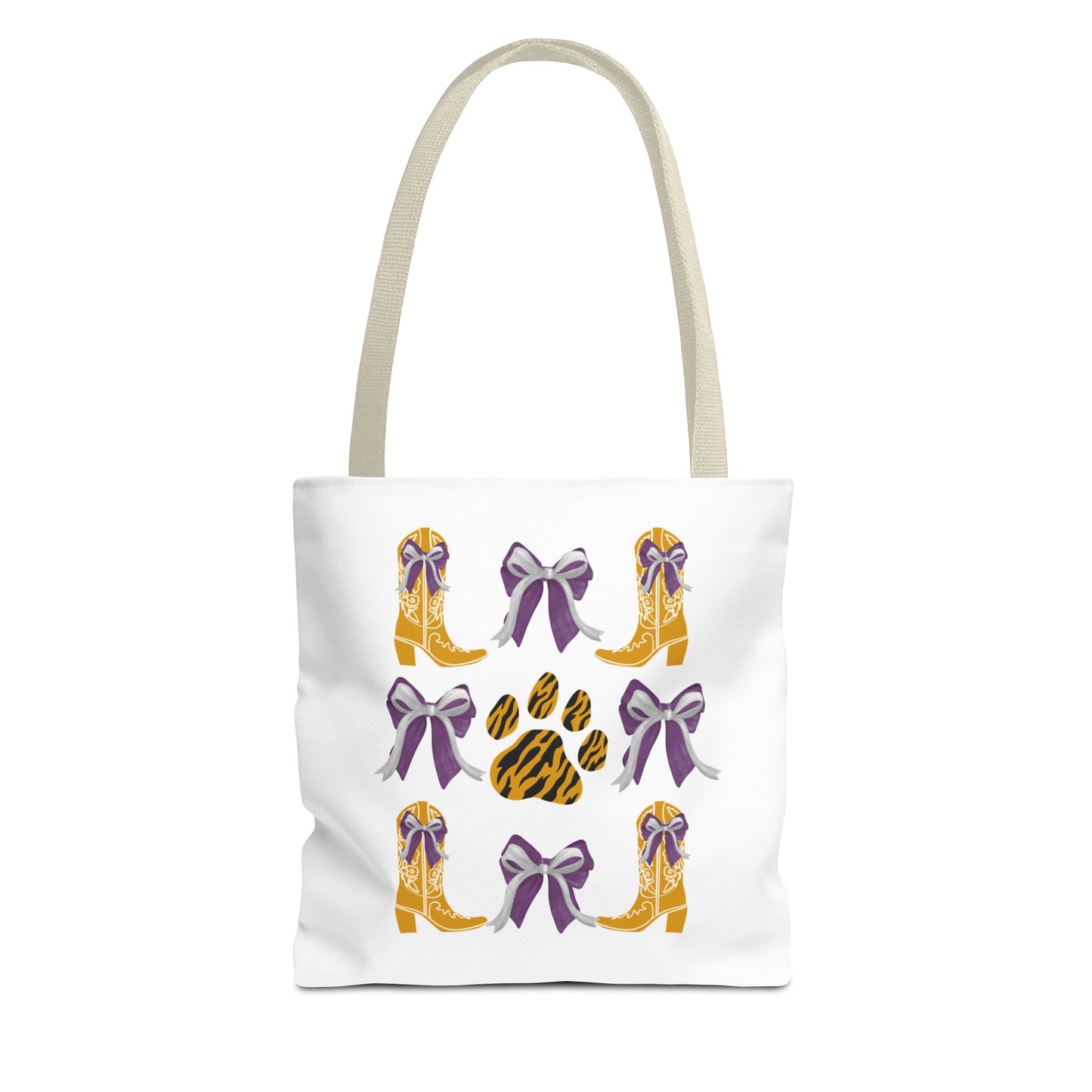 LSu coquette bow Print Tote Bag, Eco-Friendly Fashion Bag, lsu tiger fan, louisiana game day, geaux tigers, college student gift, graduation gift