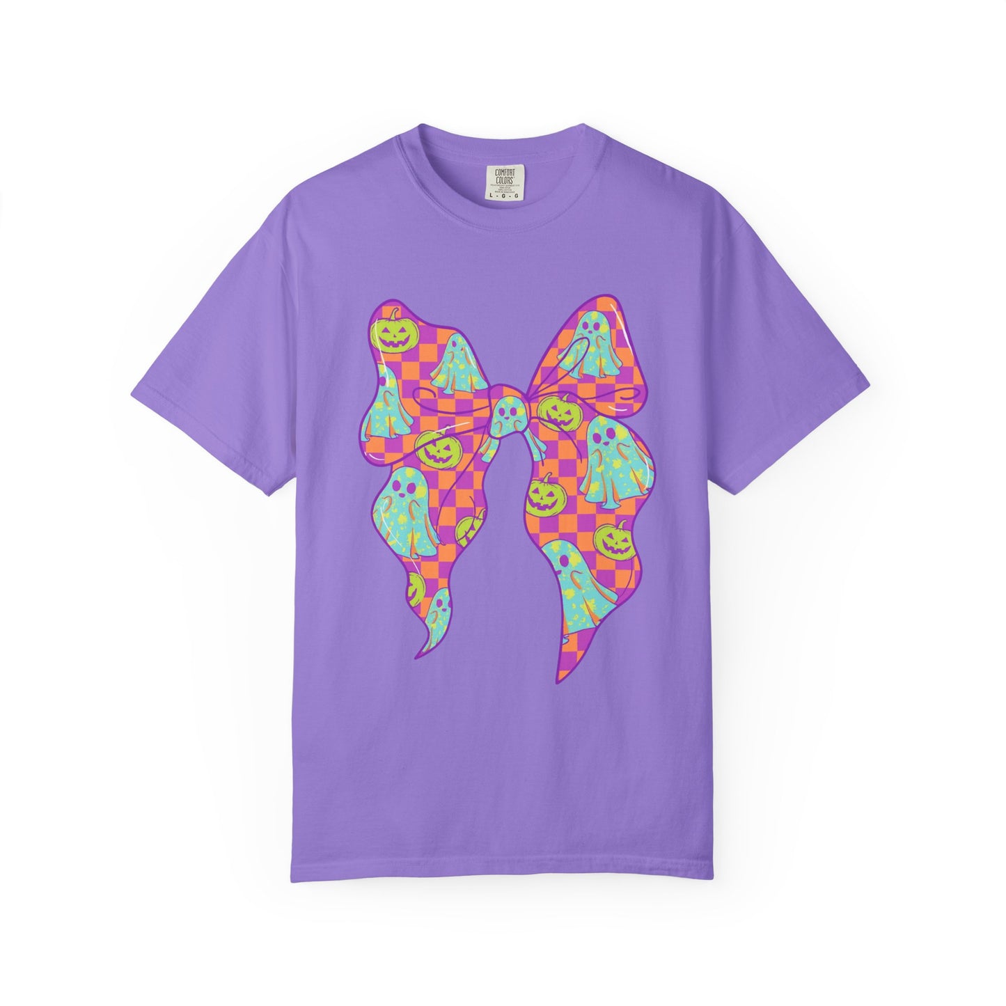 Neon Checkered Ghost Bow T-Shirt - Fun Lovers Halloween Unisex Tee