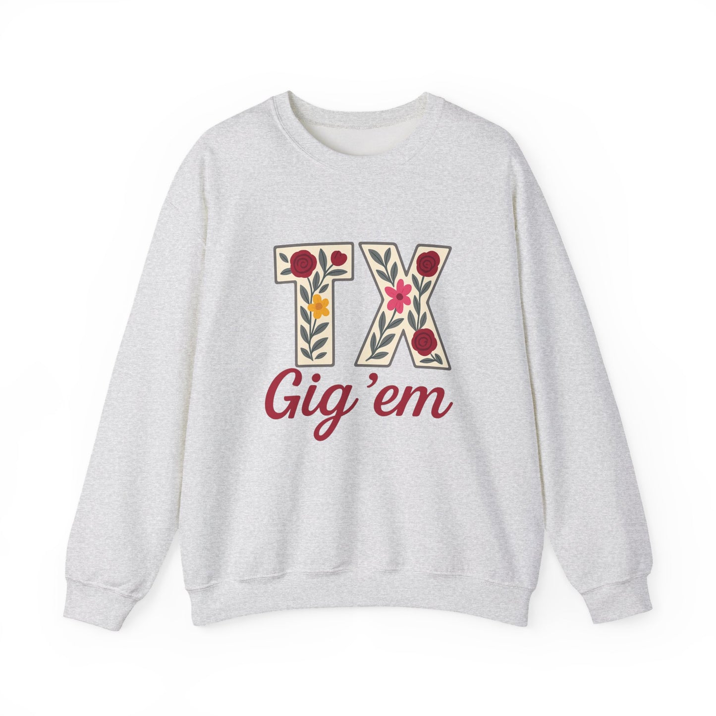 Texas Floral Crewneck Sweatshirt, Cozy Texas Sweatshirt, TX Gig'em Gift, Unisex Sweatshirt for Gamers, Floral Crew Neck for Casual Wear