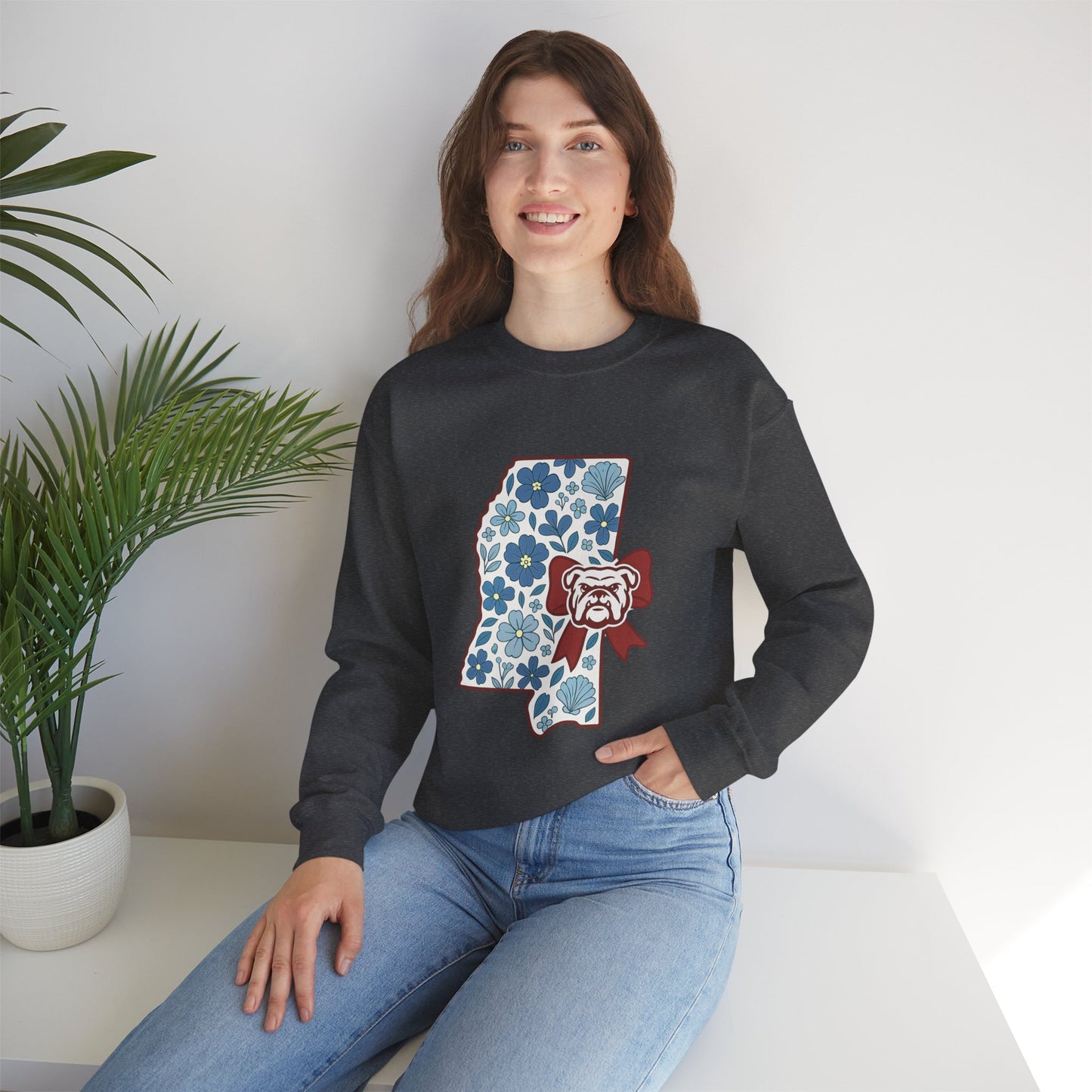 Mississippi Flower Bulldog Crewneck Sweatshirt, Cozy Sweatshirt for Fall, Gift for Dog Lovers, College Apparel, Casual Fashion