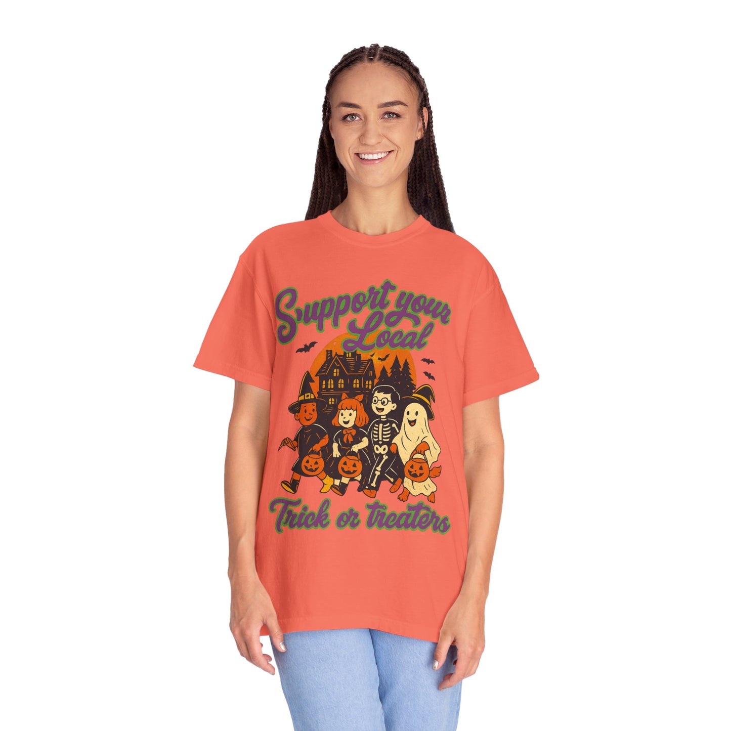 Halloween Support T-Shirt, Youth Trick or Treat Shirt, Garment-Dyed Tee for Kids, Spooky Season Apparel, Holiday Party Top, Fun Costume Wear