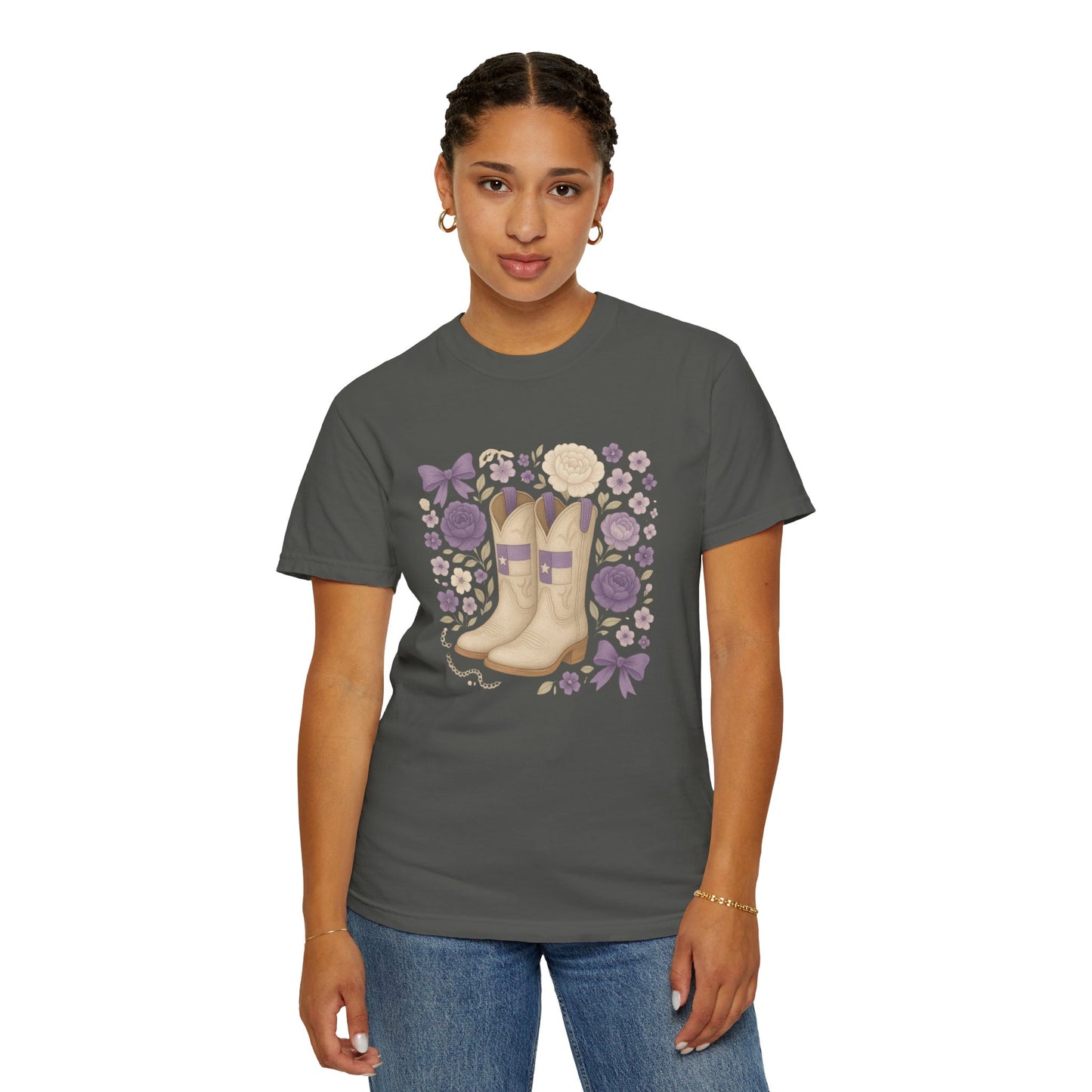 Whimsical Floral Boots Unisex T-Shirt | Casual Style, Gift for Her, Texas Christian University, TCU Frogs, Comfort Colors, Texas Fan gift, Graduation Gift
