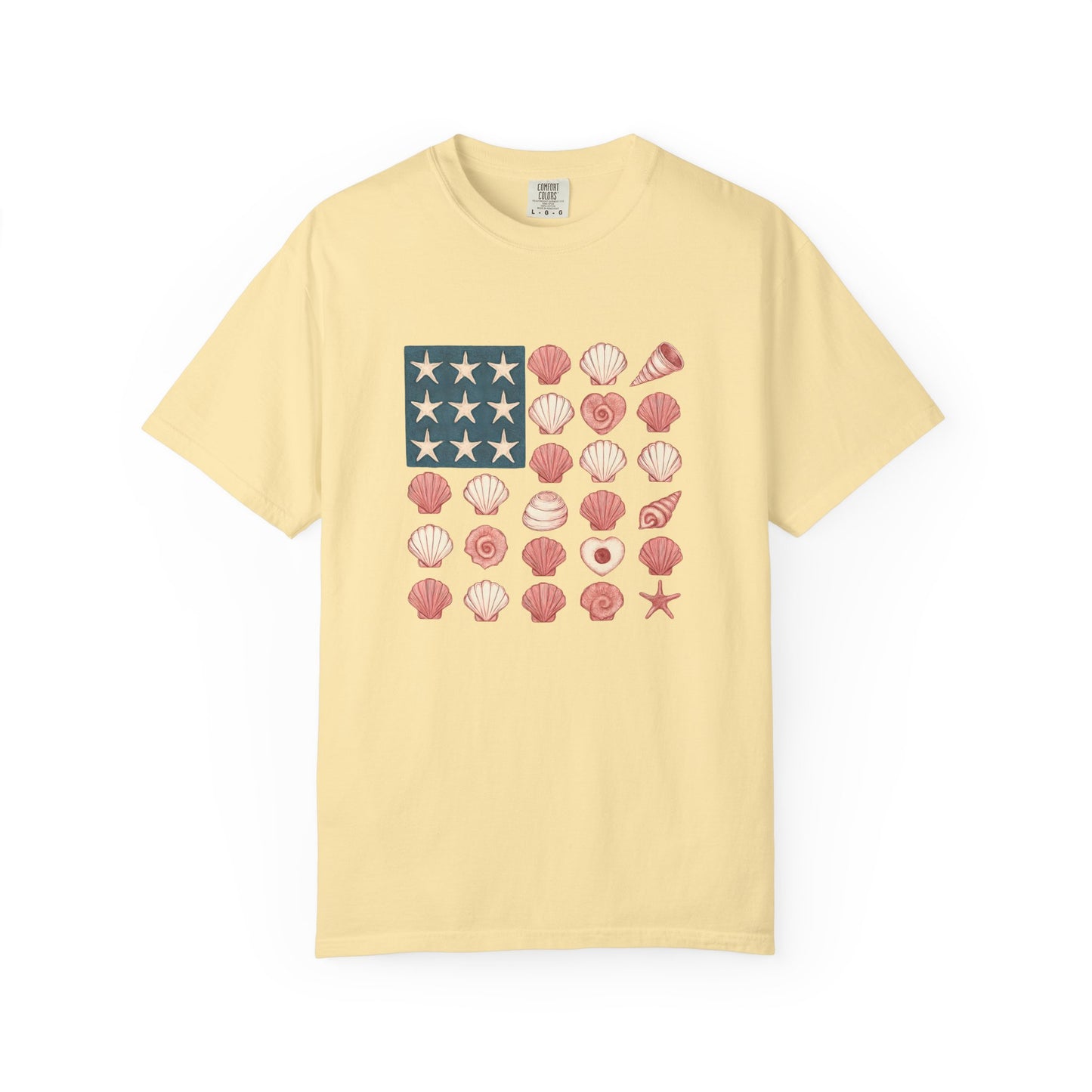 Comfort Colors-Seashell Flag T-Shirt, Unisex, American Flag, Beach Vibes, Nautical Gift, Summer Vibes, July 4th