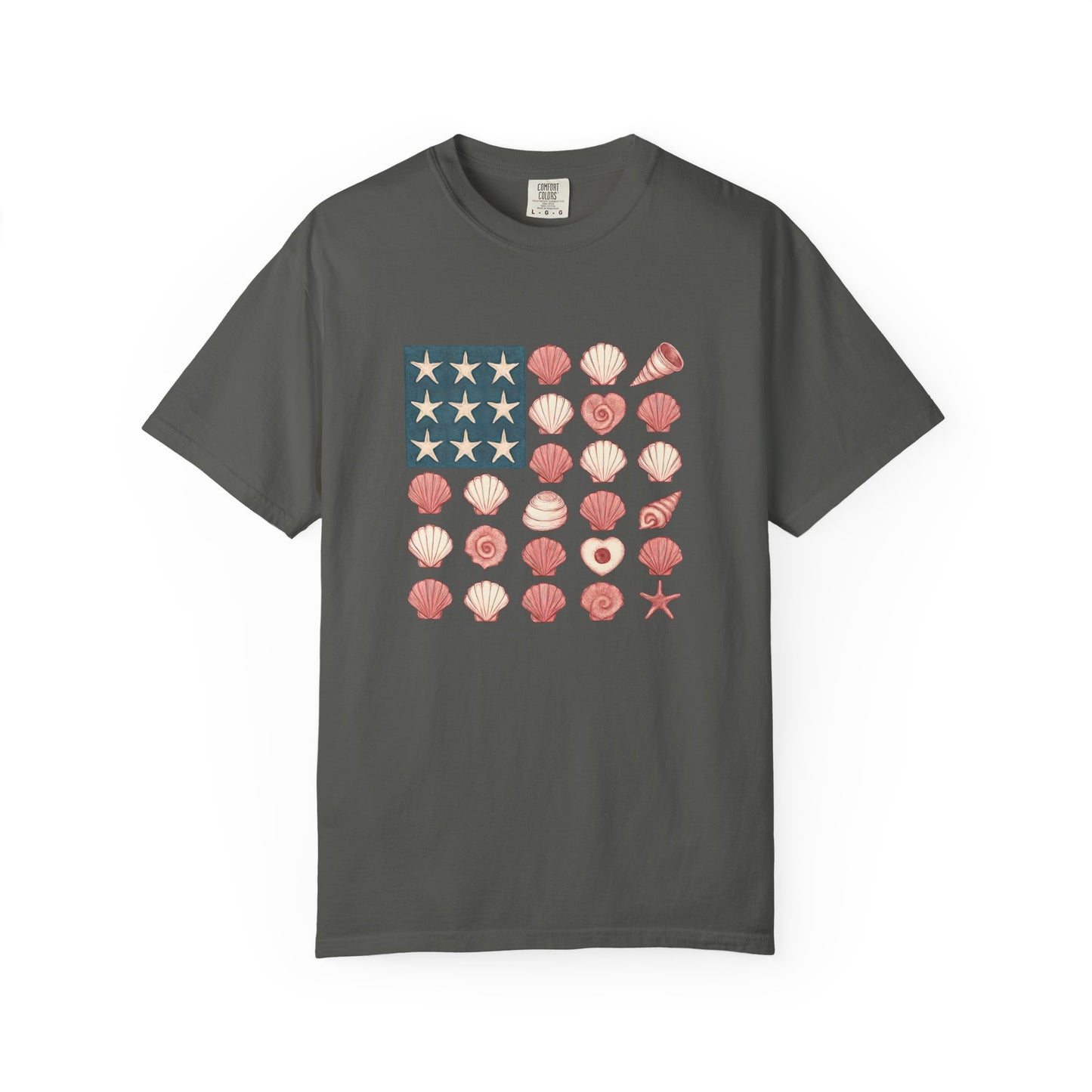 Comfort Colors-Seashell Flag T-Shirt, Unisex, American Flag, Beach Vibes, Nautical Gift, Summer Vibes, July 4th