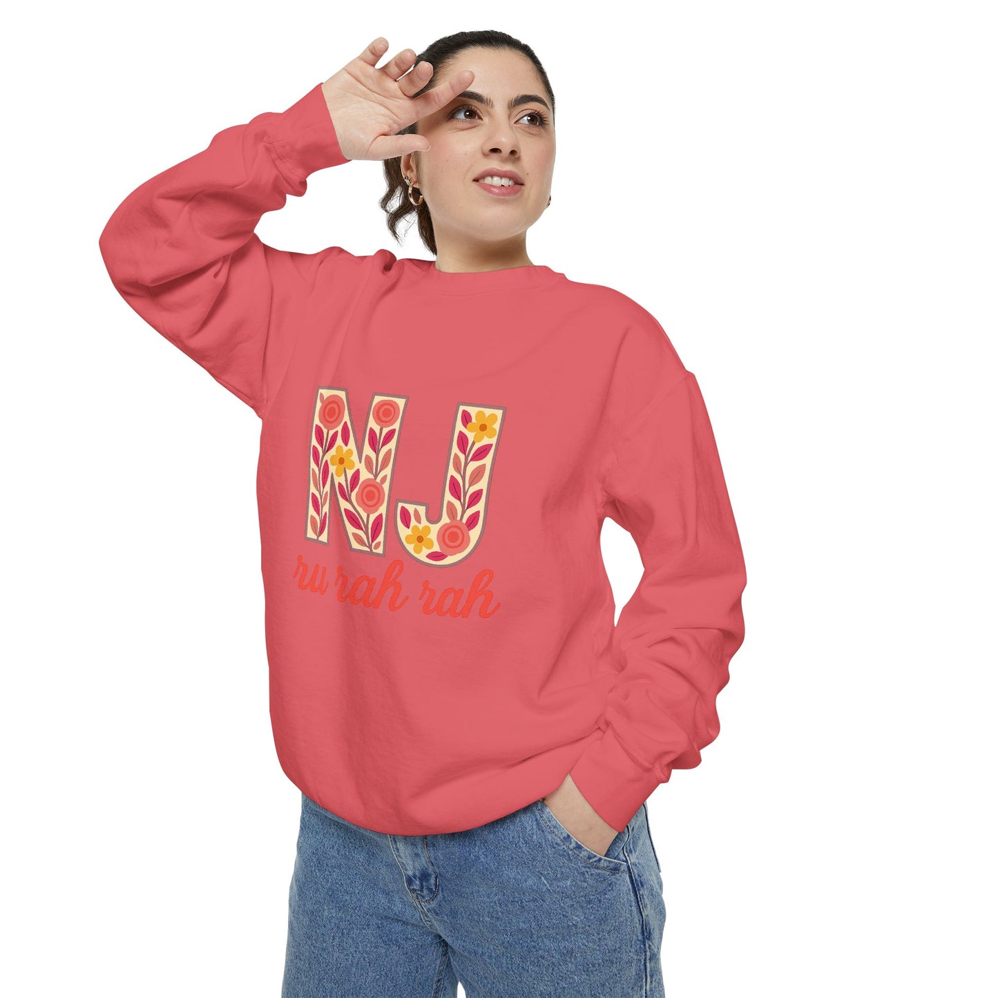 Cheerful NJ Garment-Dyed Sweatshirt, Cozy Unisex Pullover for School Spirit, Fall Fashion, Gift for College Students, Relaxed Fit