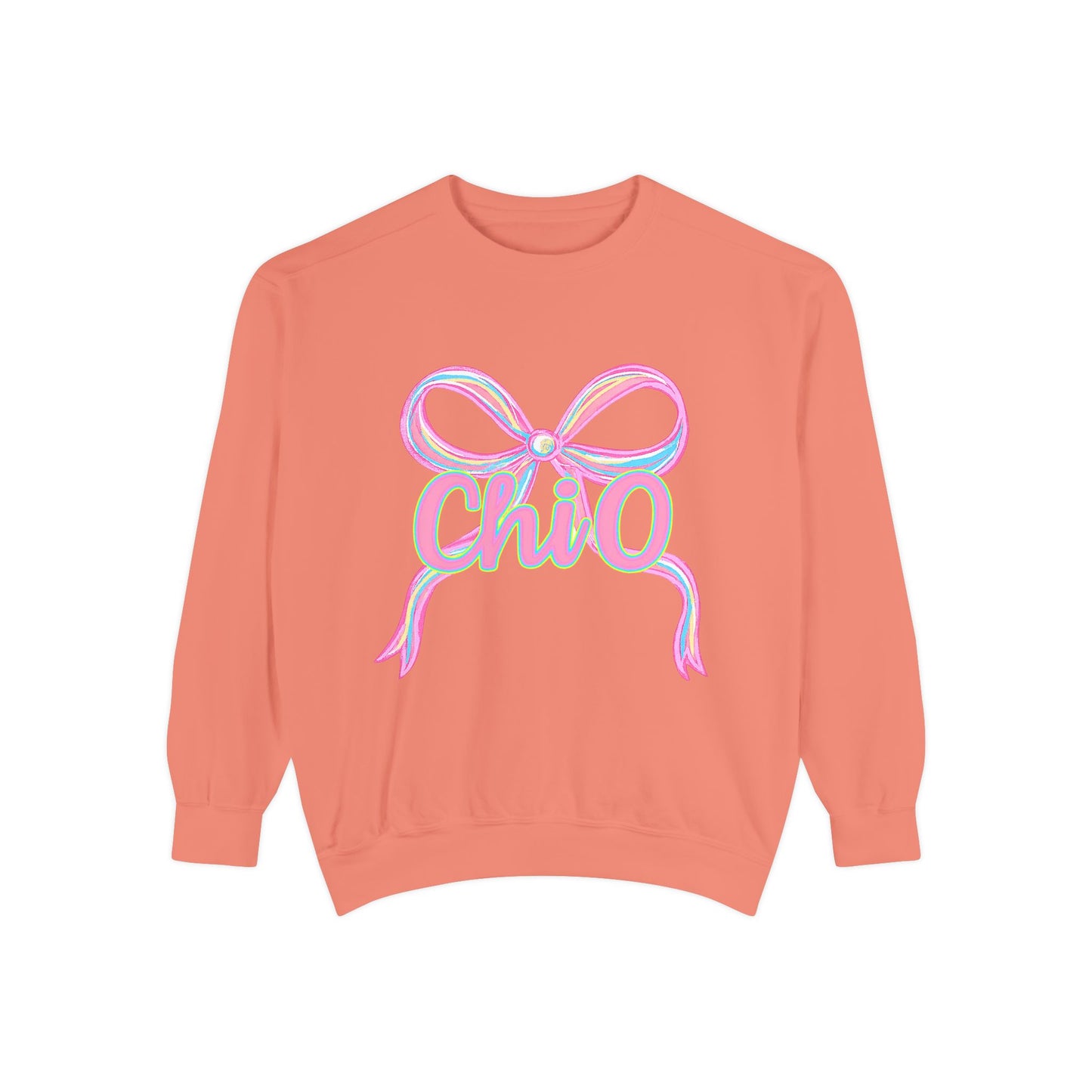 CHIO Chic Bow Graphic Unisex Garment-Dyed Sweatshirt, Cozy Pullover, Fashionable Gift, Casual Outfit, Spring Style, Trendy Apparel