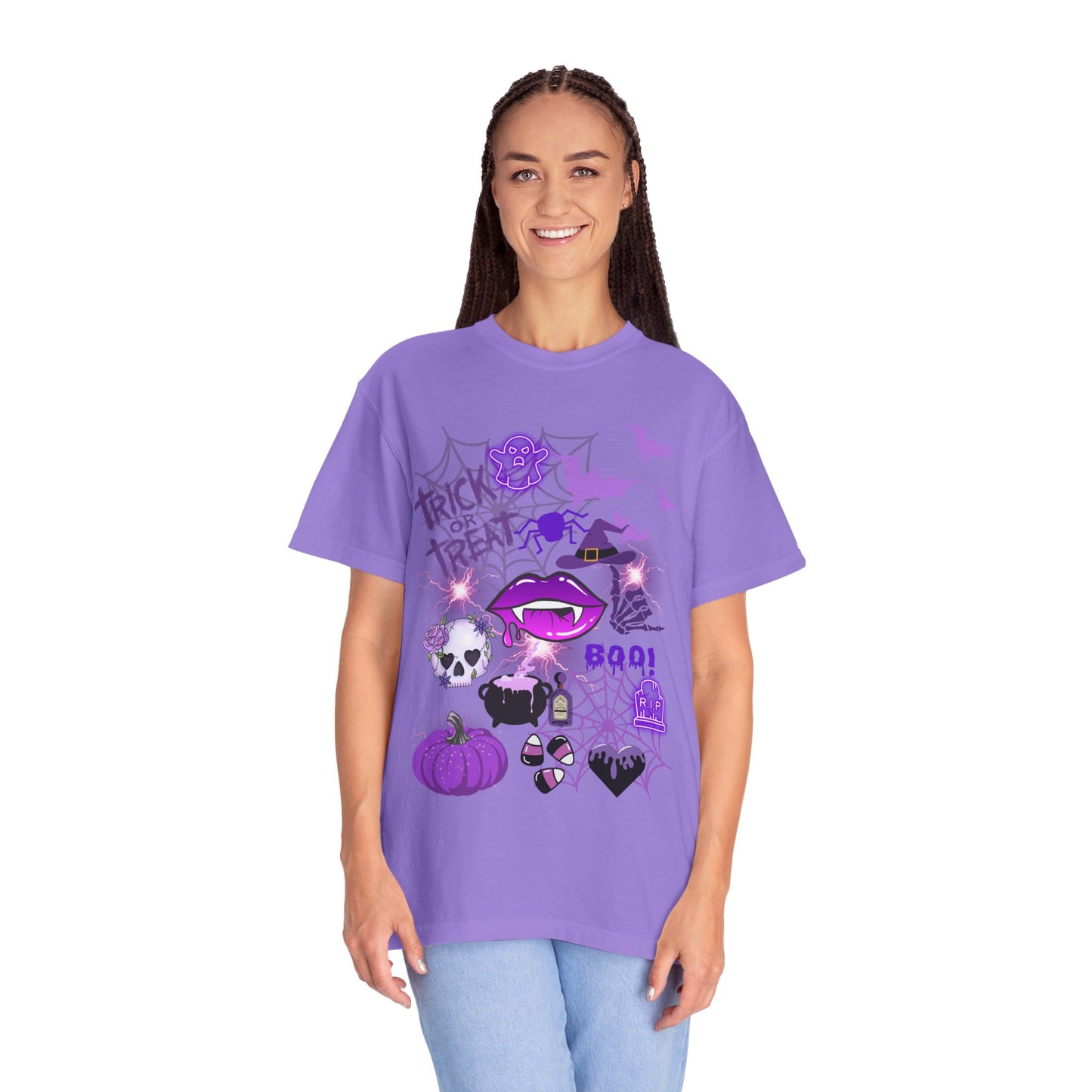 Spooky Purple Vibes Halloween Graphic T-Shirt, Fun Unisex Tee for Spooky Season, Trick or Treat, Boo! Shirt, Halloween Party Wear, Gift Idea