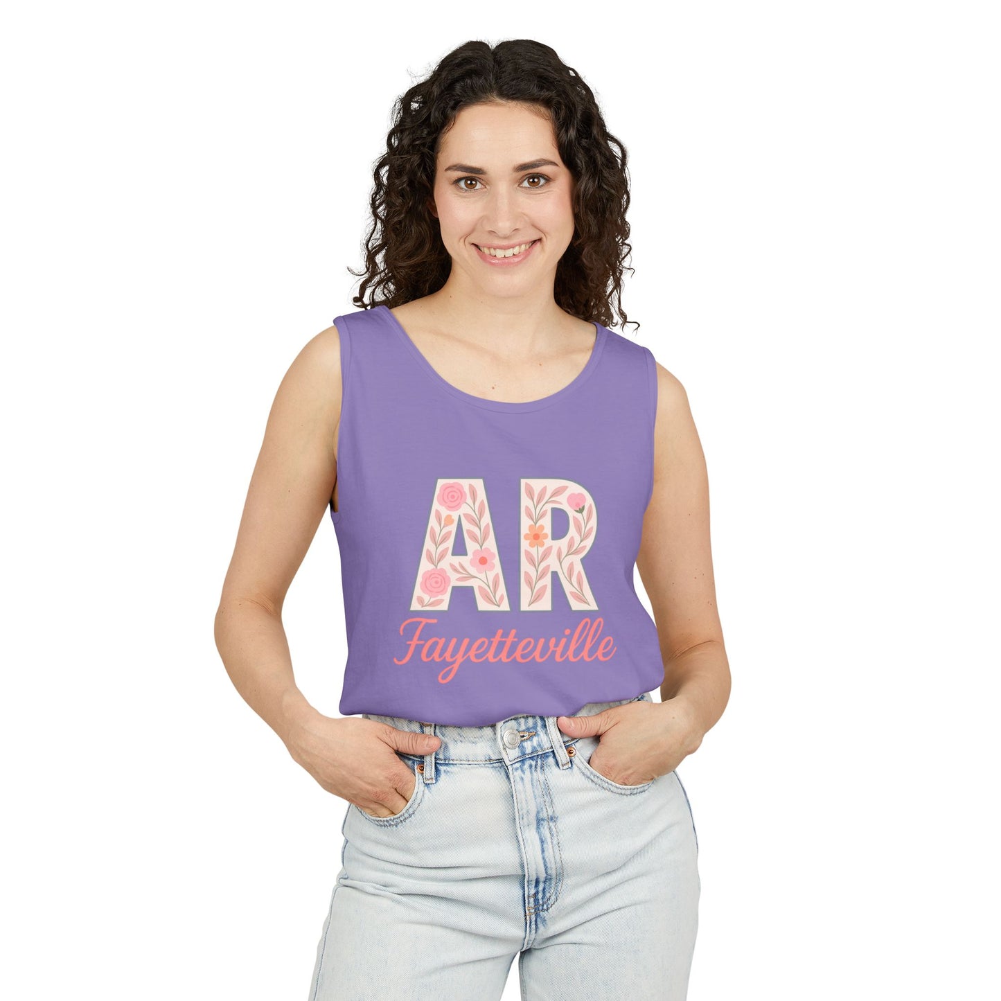 Fayetteville Floral Tank Top, Casual Summer Top, Gift for Her, Travel Apparel, Arkansas Style, Arkansas Student Gift, Graduation Gift, Comfort Colors
