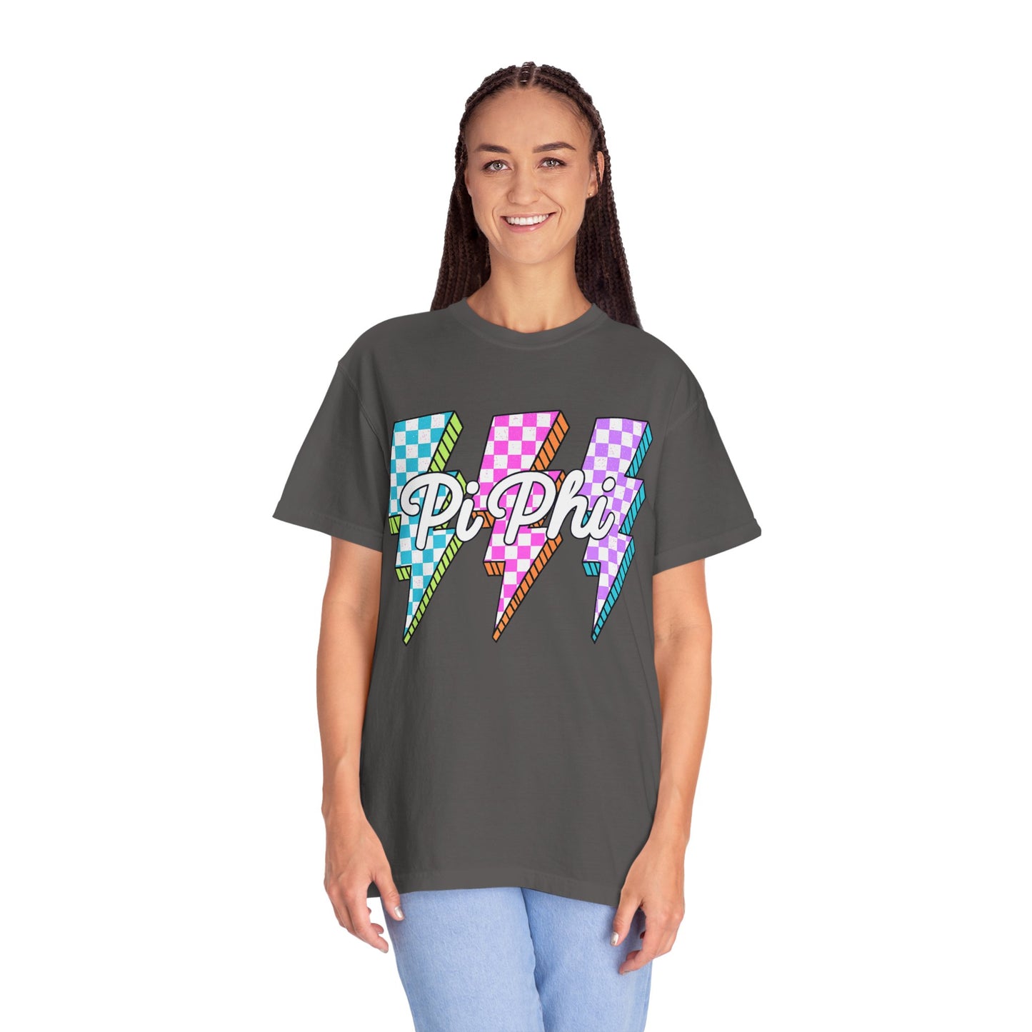 PB Phi Lightning Bolt Unisex T-shirt | Vibrant Greek Life Apparel, Unique Gift for Sorority Sisters, Casual Wear, Celebrating Sisterhood