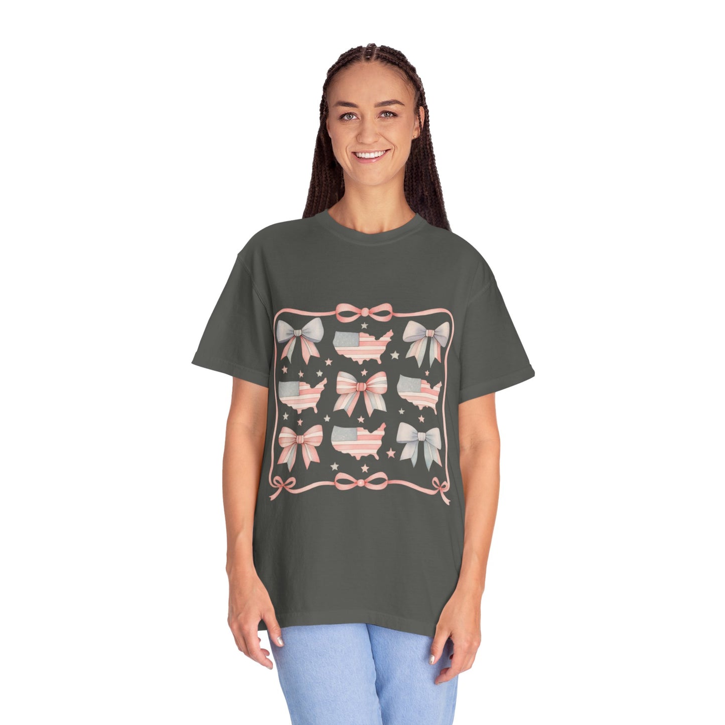 America Coquette Cute Bow Pattern Comfort Colors Unisex T-Shirt - 4th of July USA Celebration