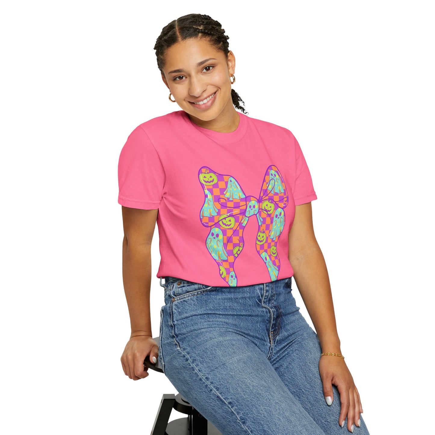 Neon Checkered Ghost Bow T-Shirt - Fun Lovers Halloween Unisex Tee