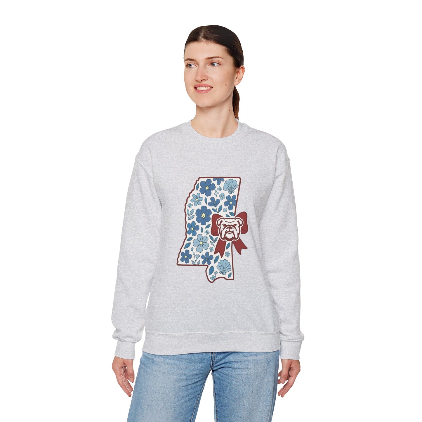 Mississippi Flower Bulldog Crewneck Sweatshirt, Cozy Sweatshirt for Fall, Gift for Dog Lovers, College Apparel, Casual Fashion