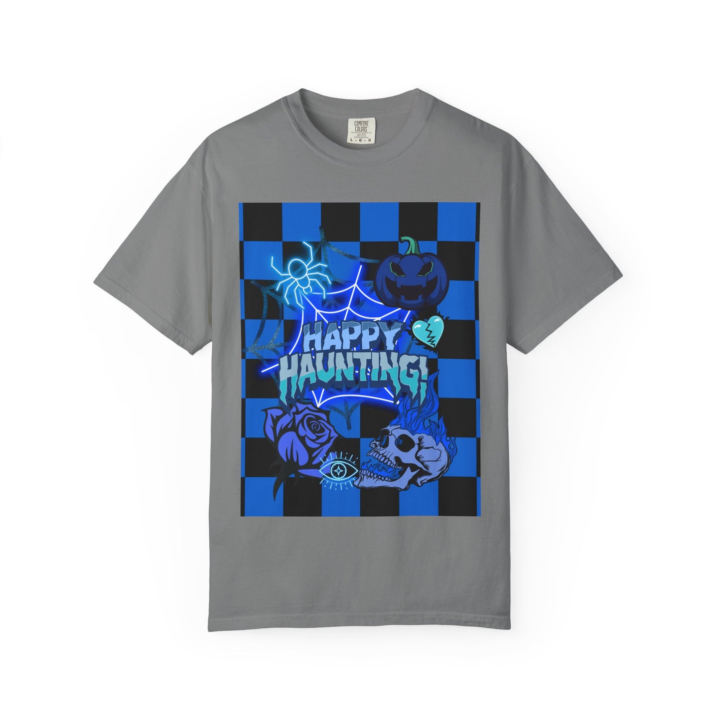 Happy Haunting Unisex Garment-Dyed T-shirt, Halloween Tee, Spooky Shirt, Fall Fashion, Casual Wear, Pumpkin Fest
