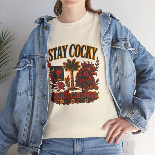 Stay Cocky Unisex Heavy Cotton Tee, Casual Graphic Tee, South Carolina Pride Shirt, Fun Vacation Wear, Perfect Gift for Gamecocks Fans
