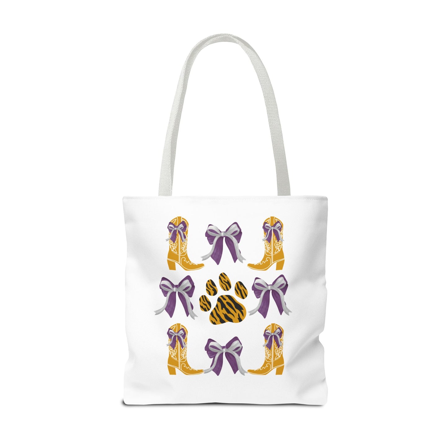 LSu coquette bow Print Tote Bag, Eco-Friendly Fashion Bag, lsu tiger fan, louisiana game day, geaux tigers, college student gift, graduation gift