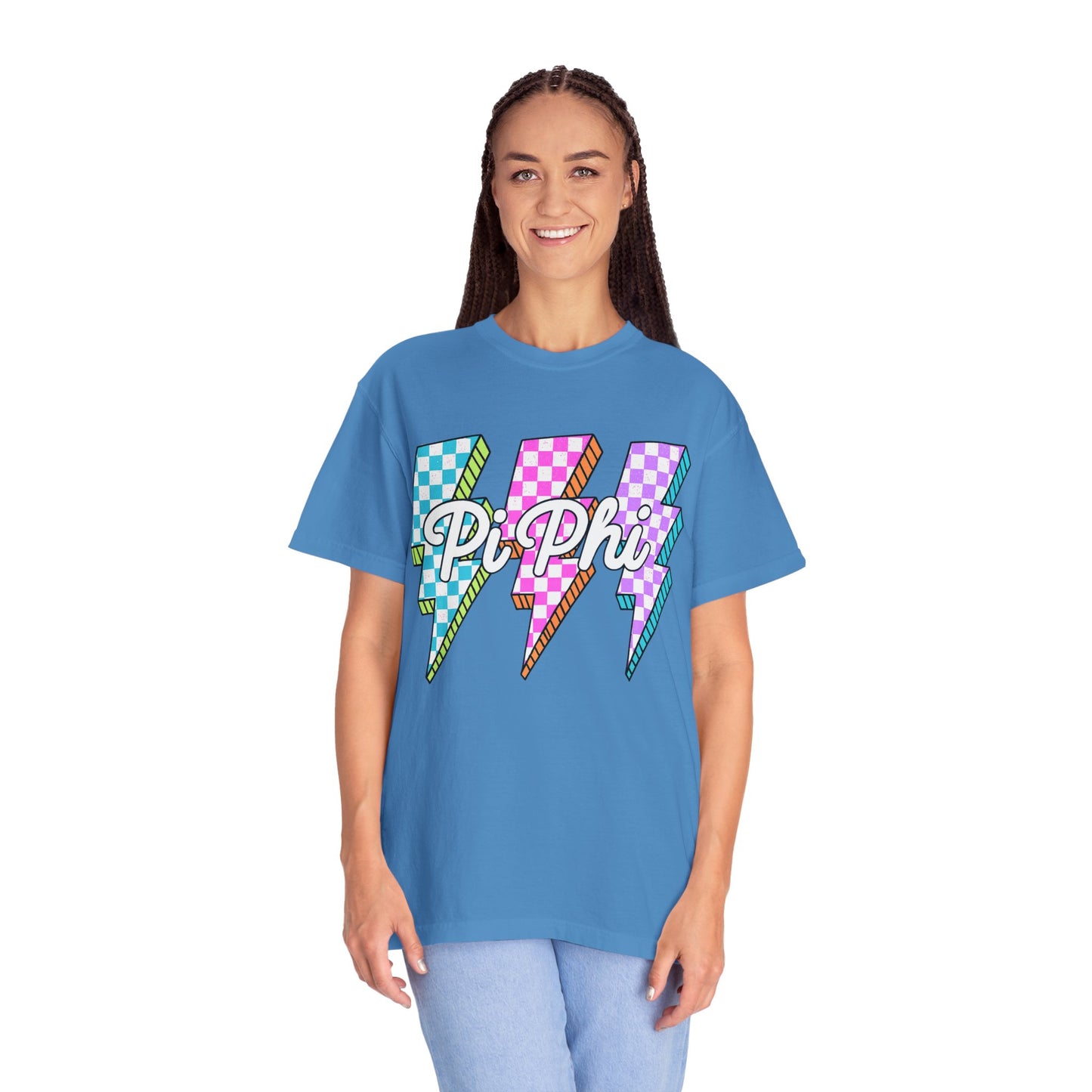 PB Phi Lightning Bolt Unisex T-shirt | Vibrant Greek Life Apparel, Unique Gift for Sorority Sisters, Casual Wear, Celebrating Sisterhood