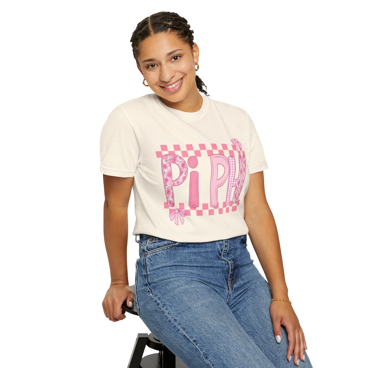 Cute Garment-Dyed T-Shirt for Sorority Sisters, Pi -Checked Style, Perfect for Casual Outings, Sorority Events, Gifts