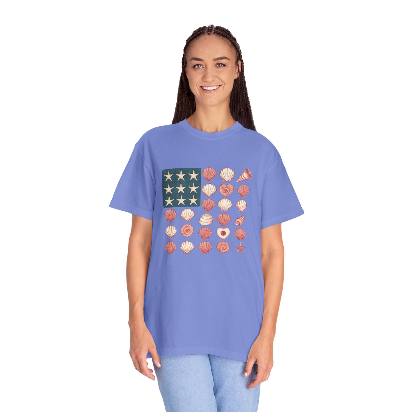 Comfort Colors-Seashell Flag T-Shirt, Unisex, American Flag, Beach Vibes, Nautical Gift, Summer Vibes, July 4th