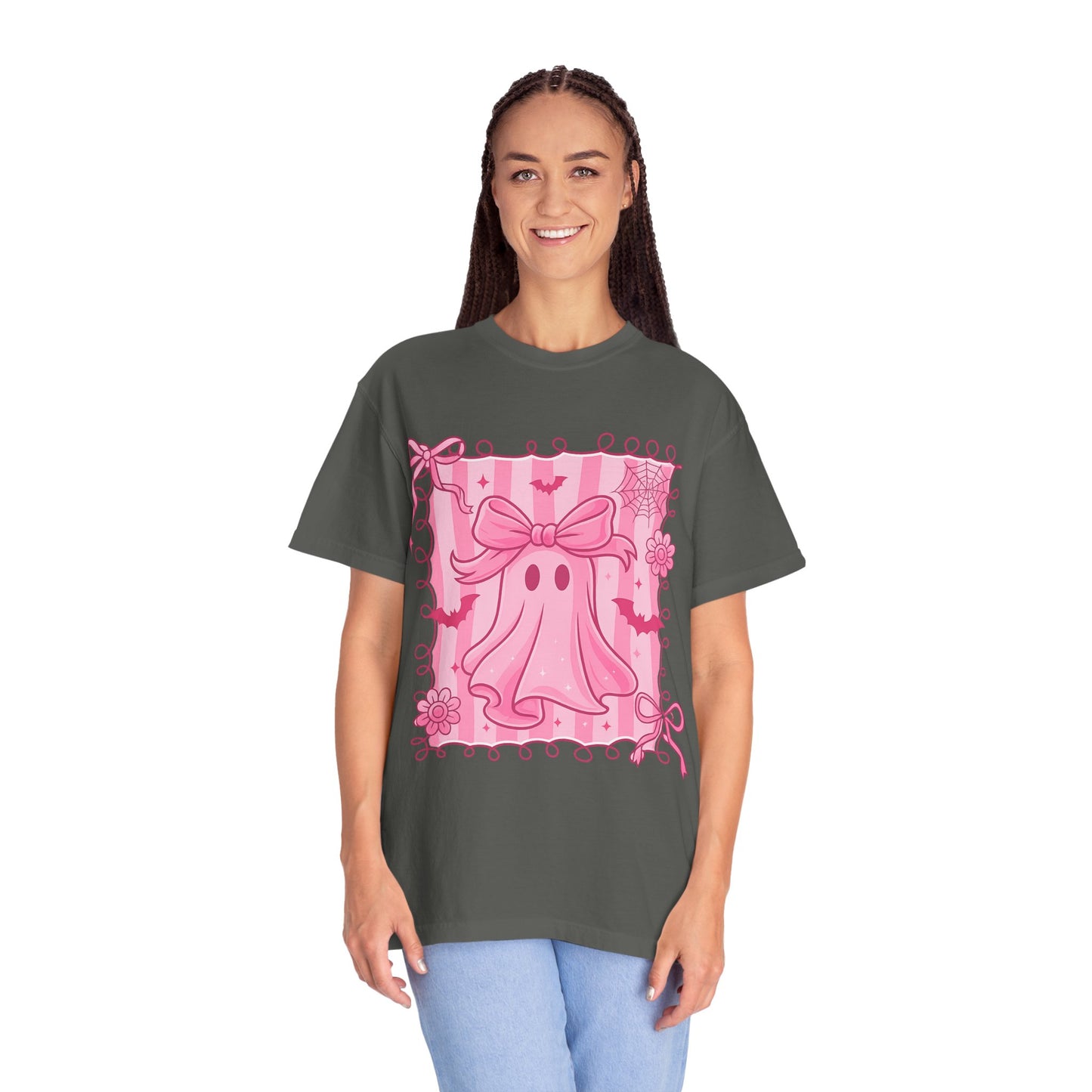 Cute Pink Ghost Graphic T-Shirt, Pink Halloween Tee, Unisex Garment-Dyed Top, Spooky Style for Fall, Trick or Treat Fashion