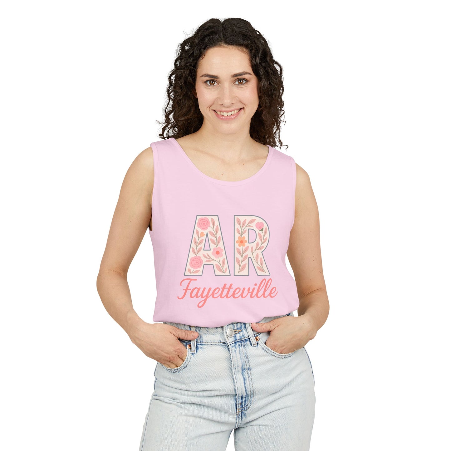 Fayetteville Floral Tank Top, Casual Summer Top, Gift for Her, Travel Apparel, Arkansas Style, Arkansas Student Gift, Graduation Gift, Comfort Colors