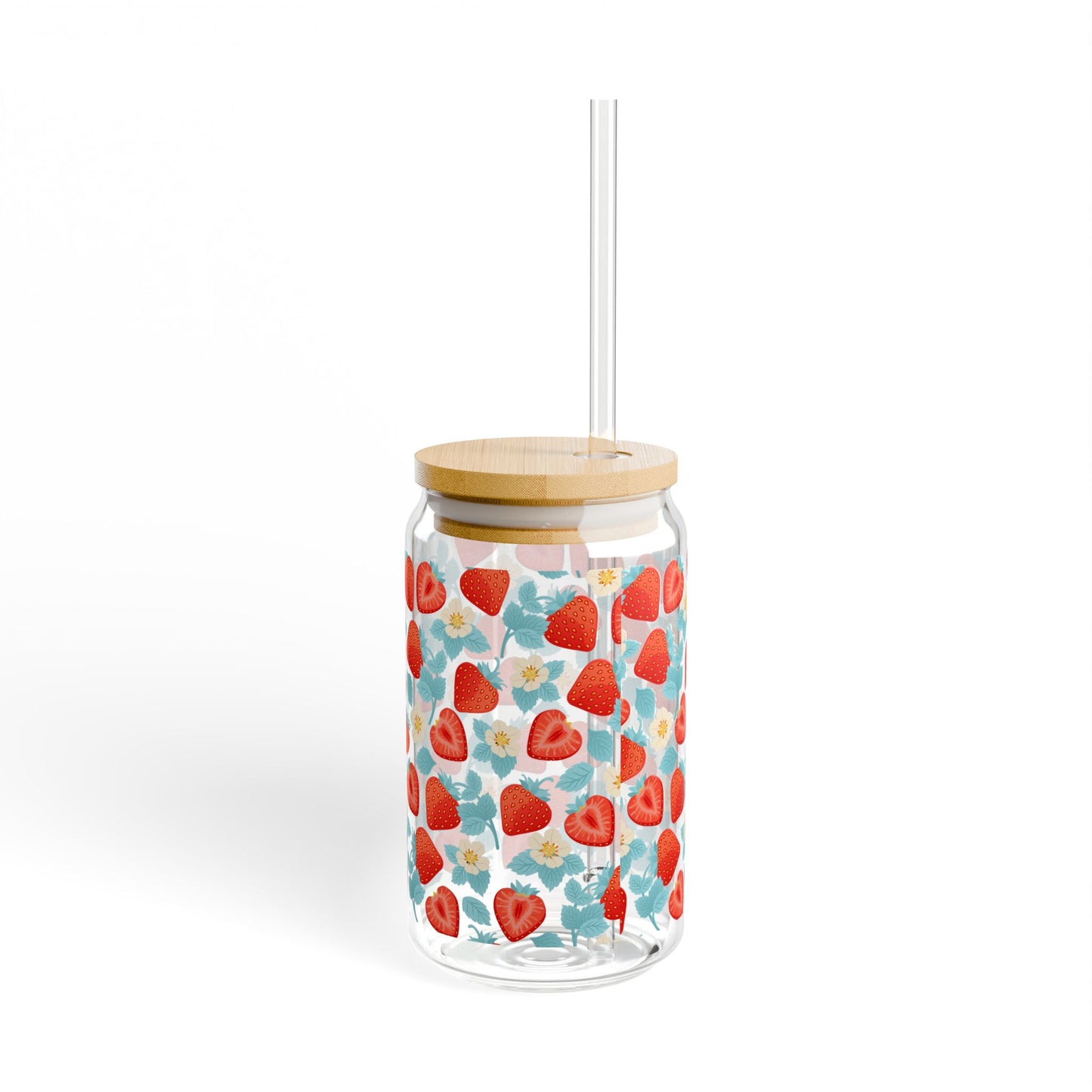Strawberry Floral Sipper Glass, Eco-Friendly Drinkware for Summer, Mason Jar Style, Perfect for Picnics, Gifts, Home Decor