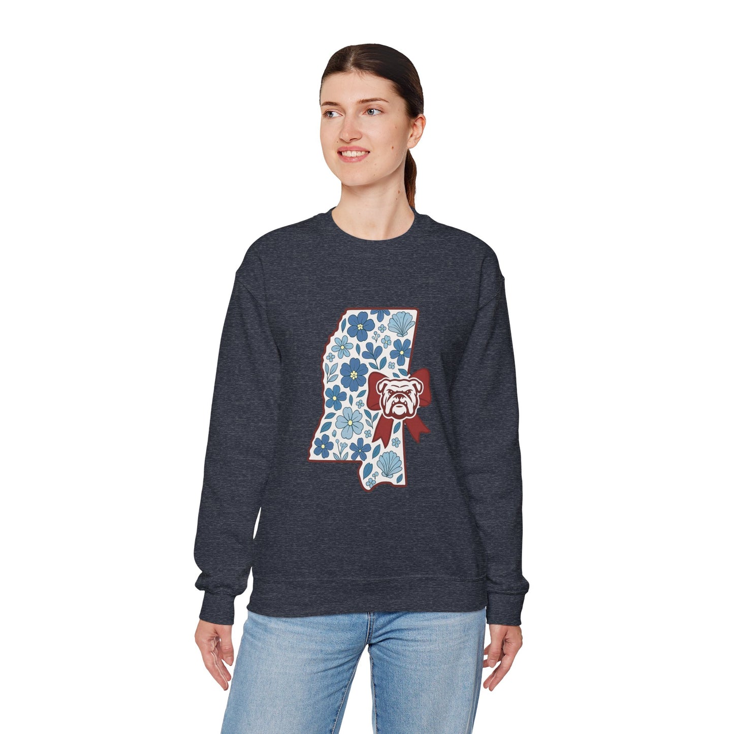 Mississippi Flower Bulldog Crewneck Sweatshirt, Cozy Sweatshirt for Fall, Gift for Dog Lovers, College Apparel, Casual Fashion