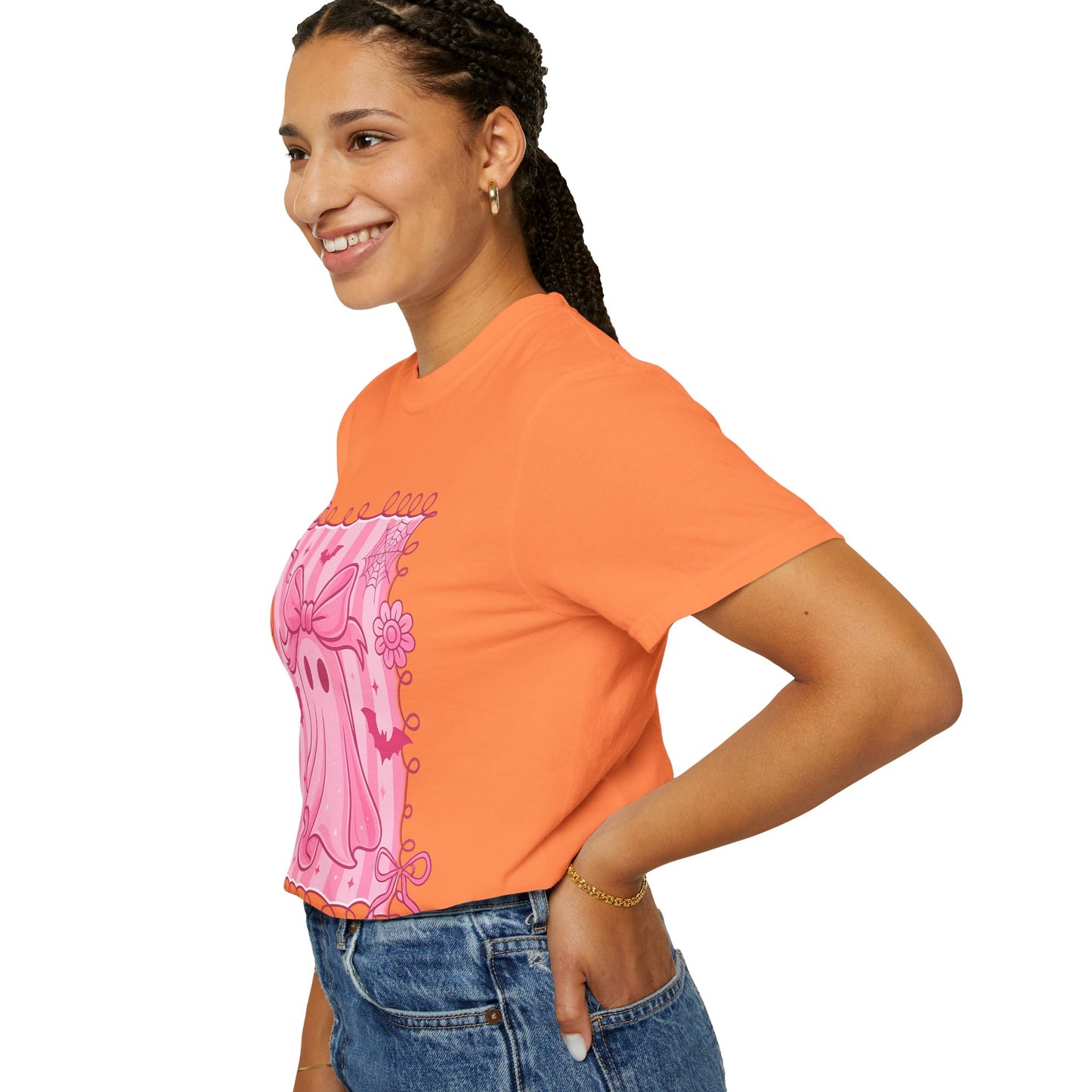 Cute Pink Ghost Graphic T-Shirt, Pink Halloween Tee, Unisex Garment-Dyed Top, Spooky Style for Fall, Trick or Treat Fashion