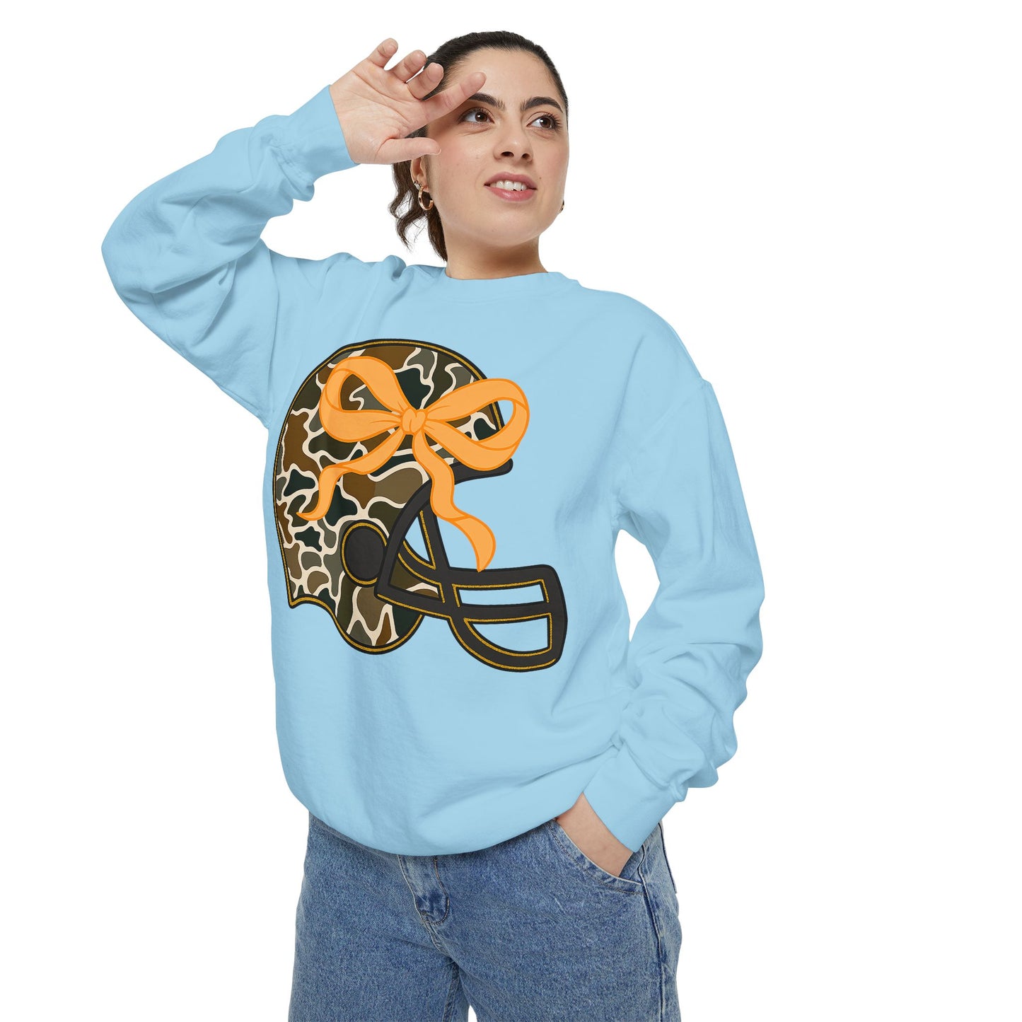 Comfort colors sweatshirt Camo Helmet Design, Casual Athletic Wear, Unisex Fall Fashion, Gift for Sports Fans