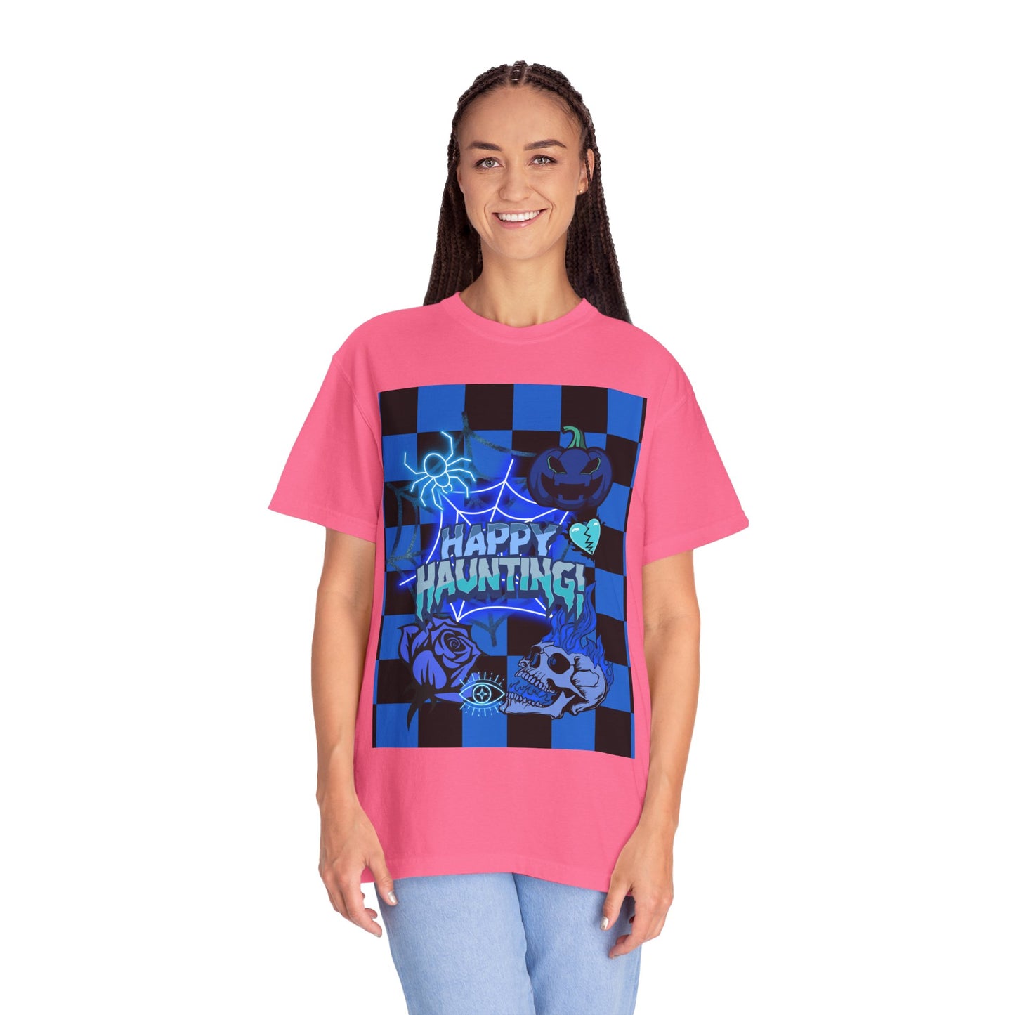 Happy Haunting Unisex Garment-Dyed T-shirt, Halloween Tee, Spooky Shirt, Fall Fashion, Casual Wear, Pumpkin Fest