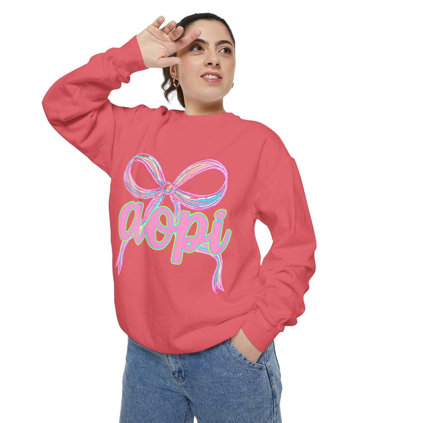 Pastel Bow Sweatshirt with aopi Design, Cozy Unisex Sweatshirt, Gift for Sorority Sisters, Casual Chic Apparel, Best Friend Outfit