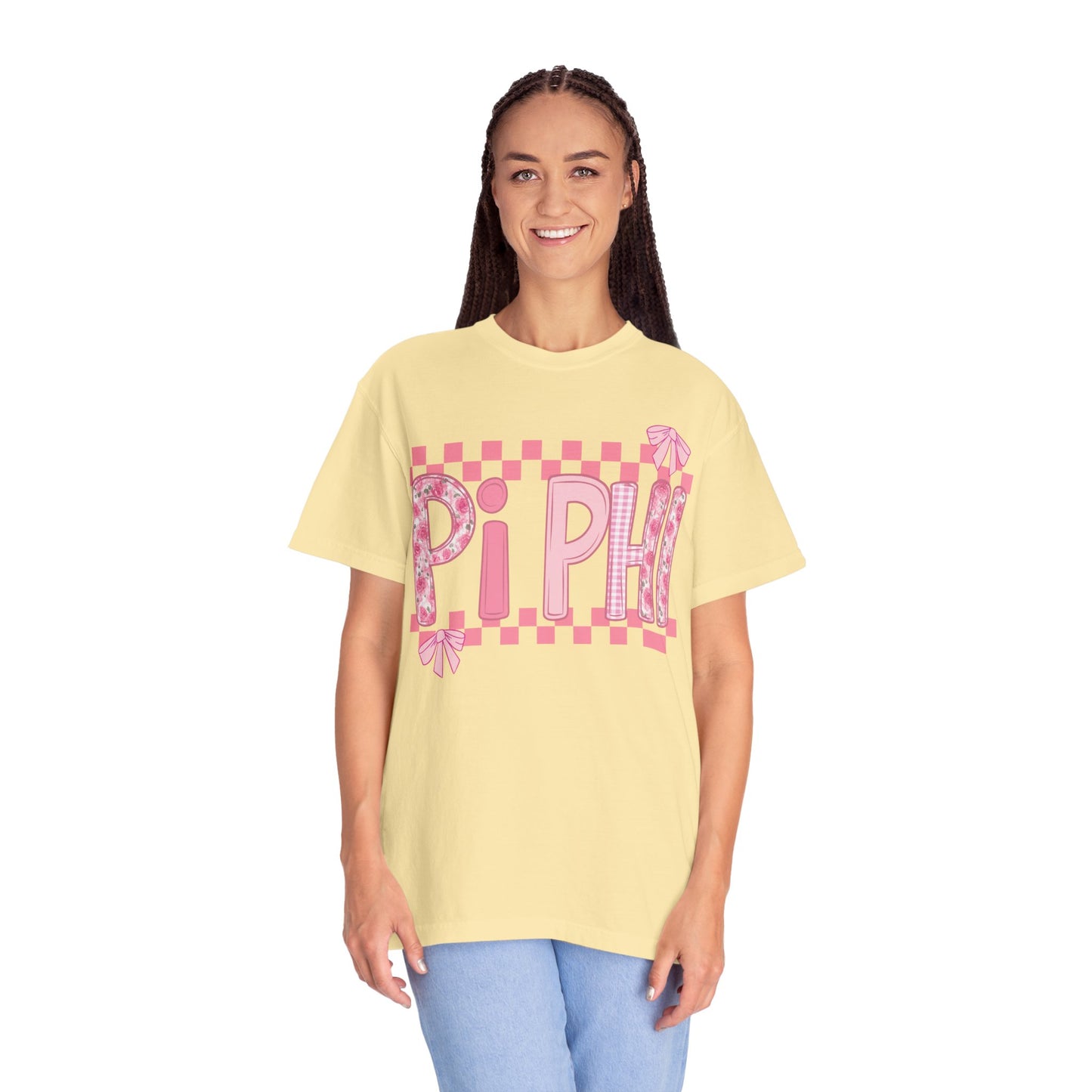 Cute Garment-Dyed T-Shirt for Sorority Sisters, Pi -Checked Style, Perfect for Casual Outings, Sorority Events, Gifts