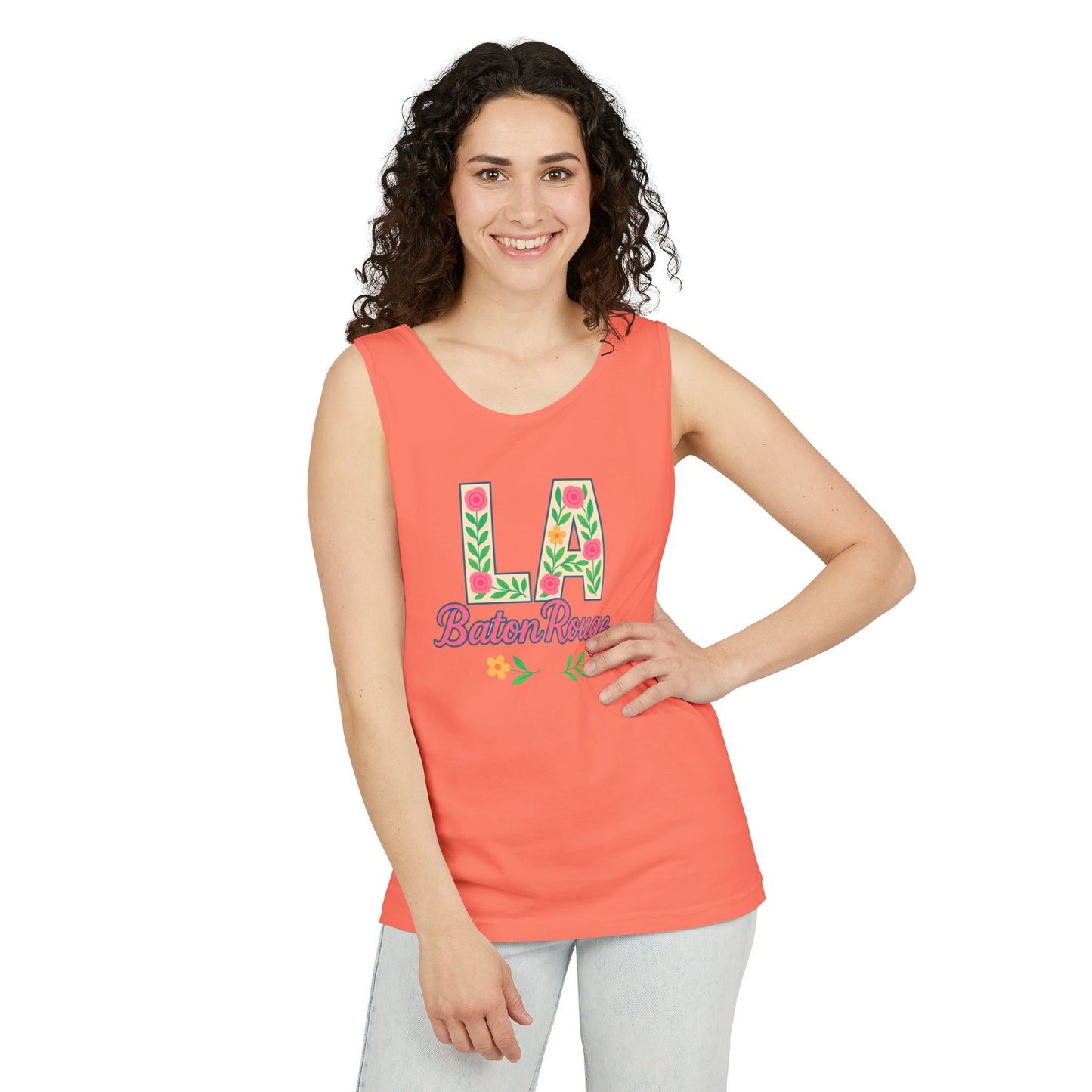 LA Baton Rouge Floral Tank Top, Summer Vibes, Unisex Apparel, Gift for Friends, Vacation Outfit, Spring/Summer Wear, Comfort Colors, Graduation Gift