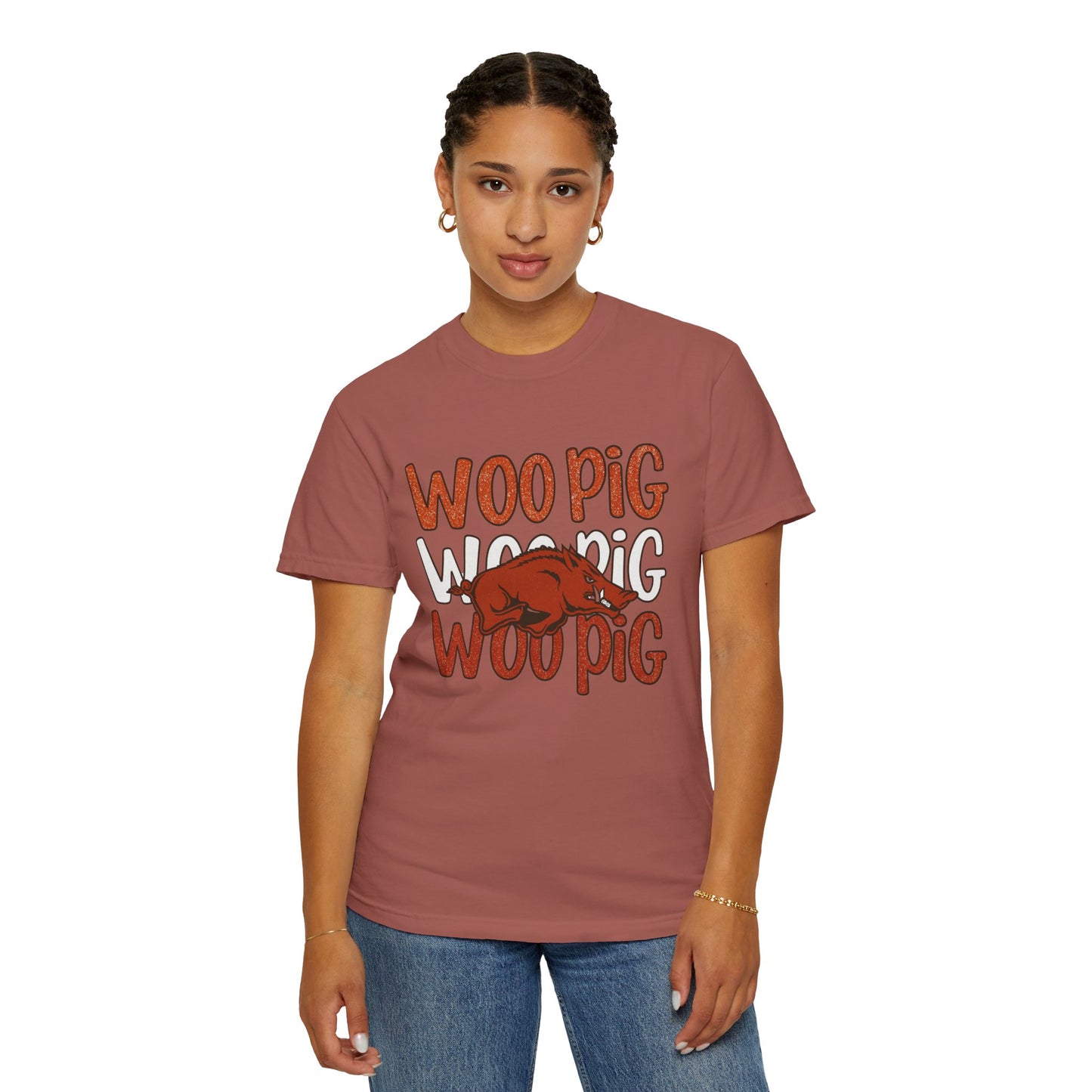 Woo Pig Garment-Dyed T-Shirt, Unisex Tee, Arkansas Pride Shirt, Casual Everyday Wear, College Game Day Tee, Fun Graphic Tee