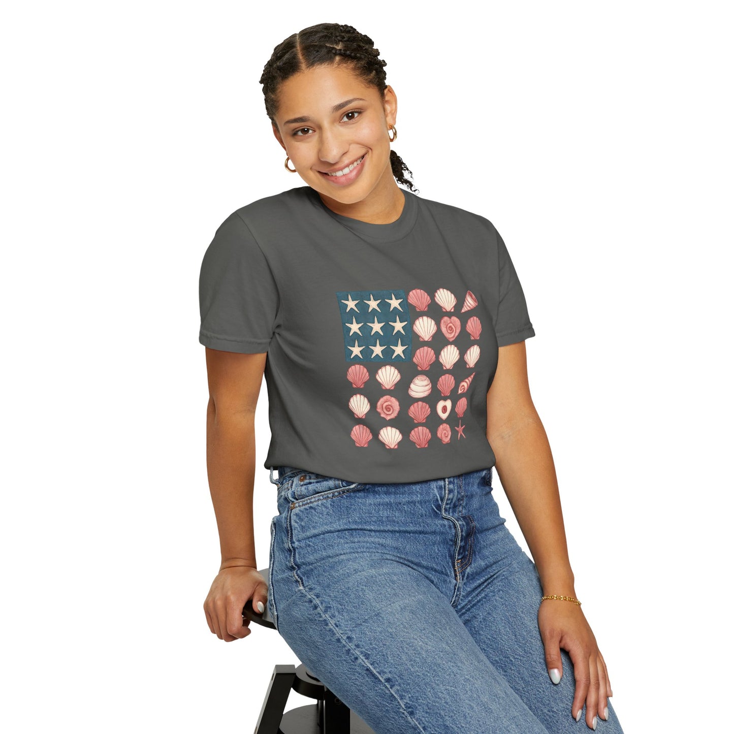 Comfort Colors-Seashell Flag T-Shirt, Unisex, American Flag, Beach Vibes, Nautical Gift, Summer Vibes, July 4th